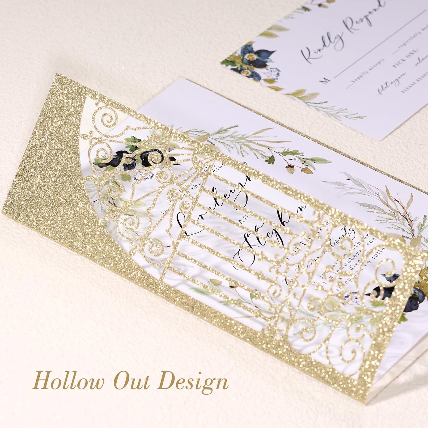 25Pcs Light Gold Glitter Laser Cut Wedding Invitation Kits with Envelopes and RSVP Cards Personalized Invitations for Sweet 16 Baby Bridal Shower Engagement Quinceanera Invite