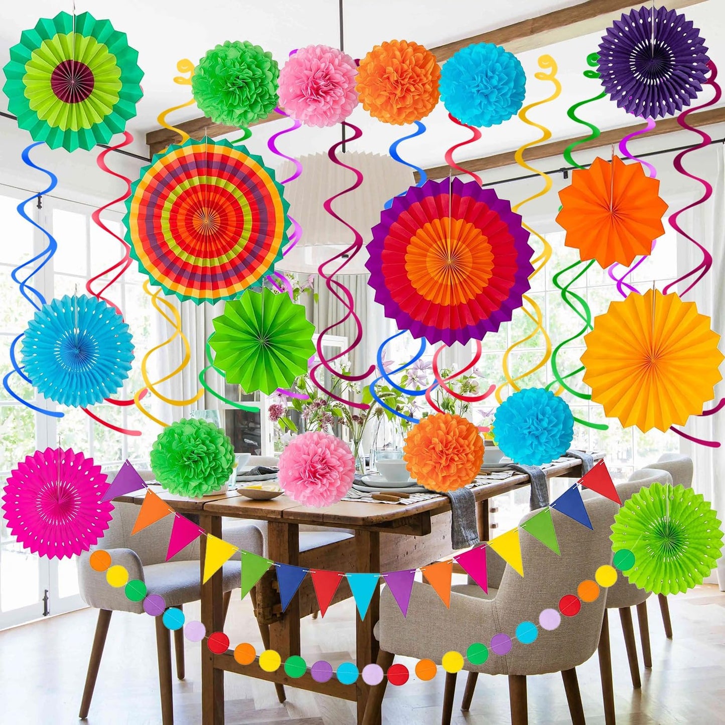 32Pcs Cinco De Mayo Decorations Fiesta Party Decorations Multi-Color Paper Fans Garlands Pennant Pom Poms Hanging Swirls For Birthday Wedding Rainbow Mexican Party