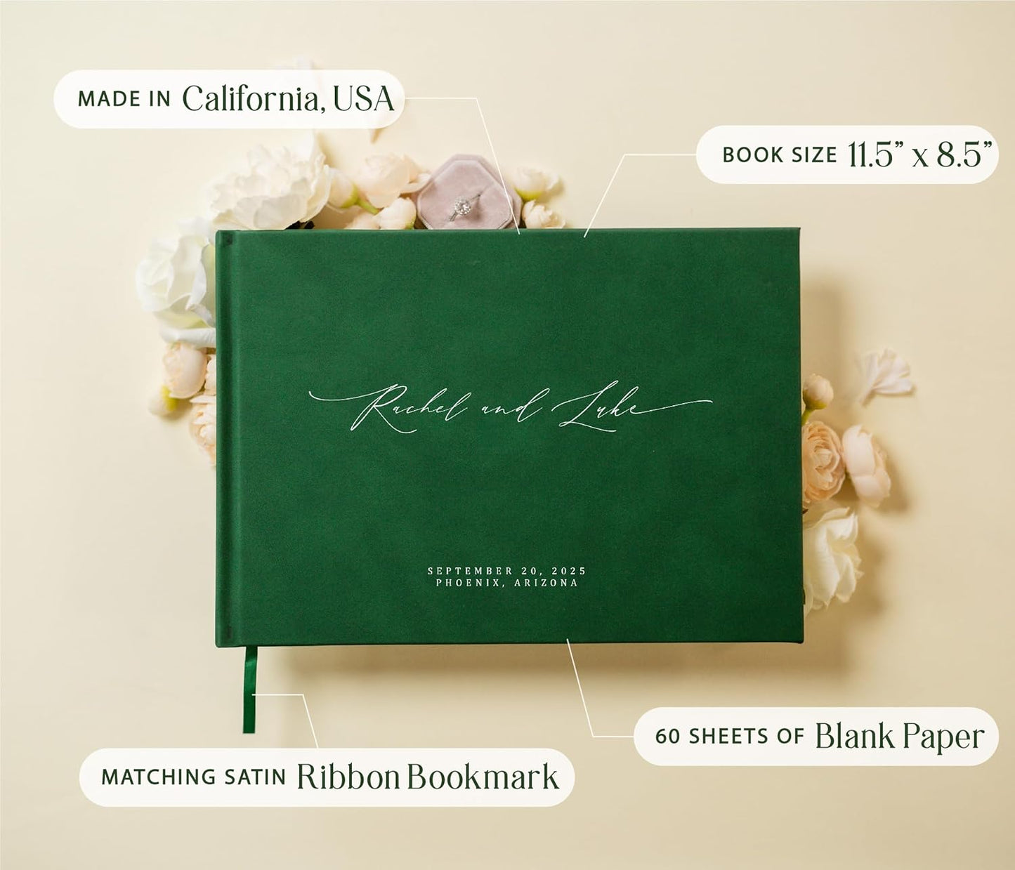 MUUJEE Personalized Guestbook in Emerald - Premium Custom Modern Guest Book for Wedding Reception, Birthday Party or Events w/Bookmark Blank Pages for Signing 11.5 x 8.5 inches