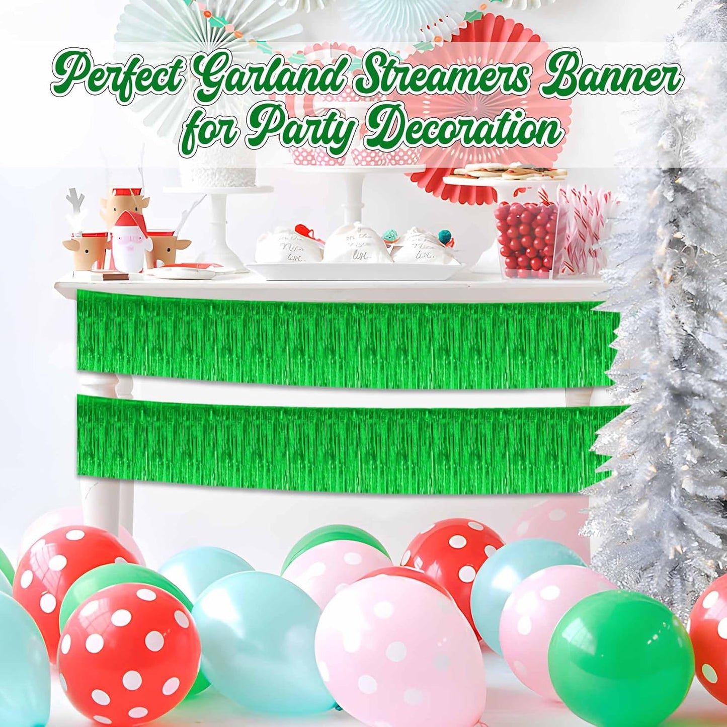 4 Pack 10 Ft Green Foil Fringe Garland Metallic Streamers Tinsel Banner Wall Hanging Garland Backdrop for Parade Floats, Halloween, Christmas, Thanksgiving, New Year Party Decorations