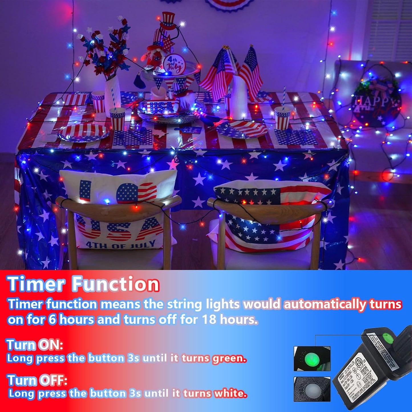 YEGUO 4th of July Decorations Red White and Blue Lights, 66ft 200 LED String Light Plug in with 8 Modes Memory for Patriotic Independence Memorial Day Decor