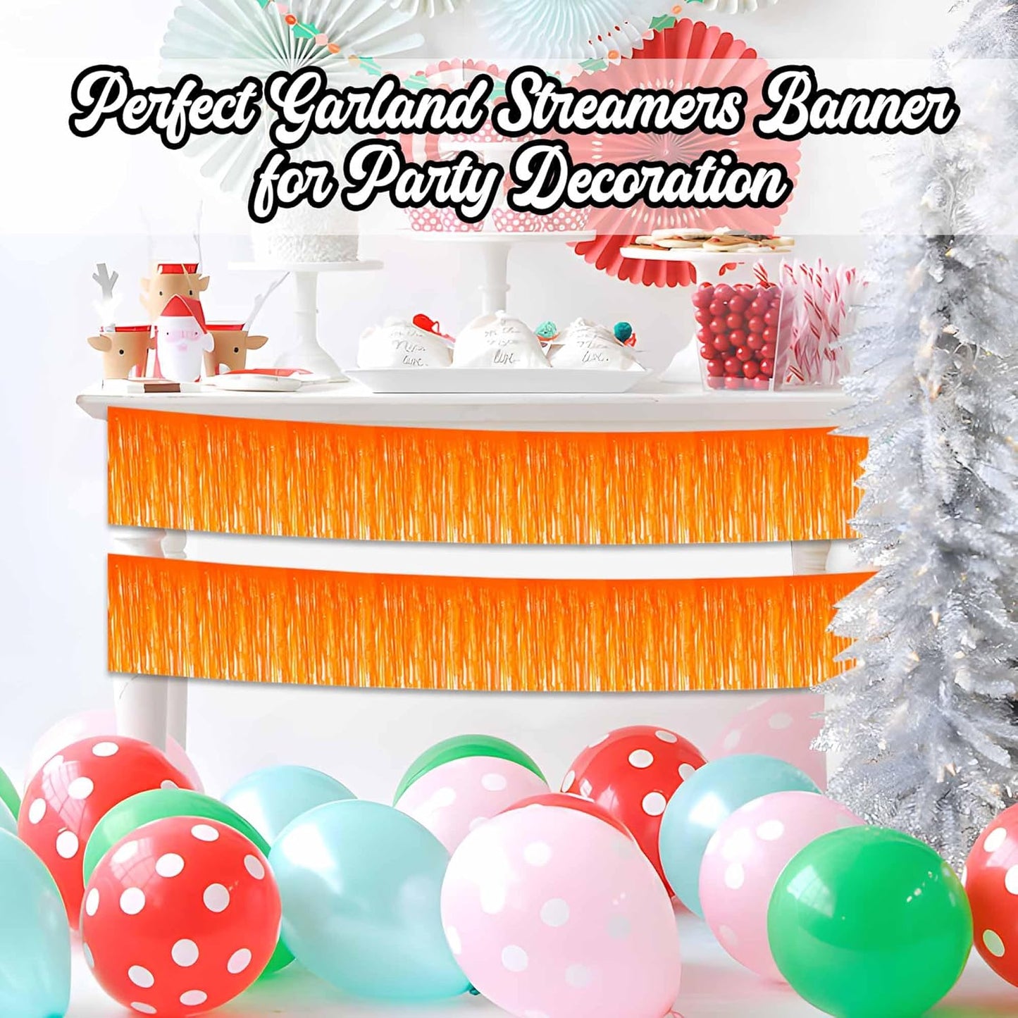 6 Pack 10 Ft Macaron Orange Foil Fringe Garland Metallic Streamers Tinsel Banner Wall Hanging Garland Backdrop for Parade Floats, Halloween, Christmas, Thanksgiving, New Year Party Decorations