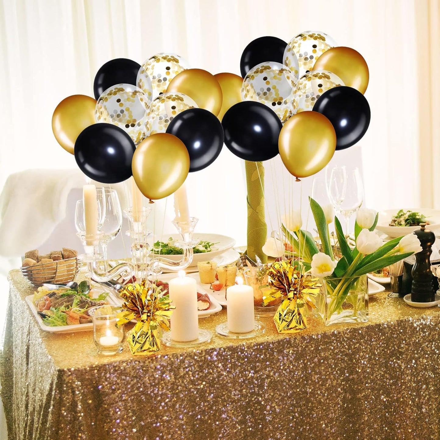 56 Pcs Balloon and Balloon Weights, 50 Pieces Balloons Decorative Birthday Confetti Balloons 6 Pieces Balloon Weights Pack Holder Balloons Party Wedding Birthday Decors(Black, Gold Series)