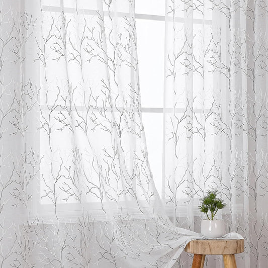 VISIONTEX Sheer Curtains 95 inch Length 2 Panels Set, Decorative Grey Coral Embroidery, Rod Pocket Embroidered Window Drapes for Living Room and Bedroom, 54" x 95"