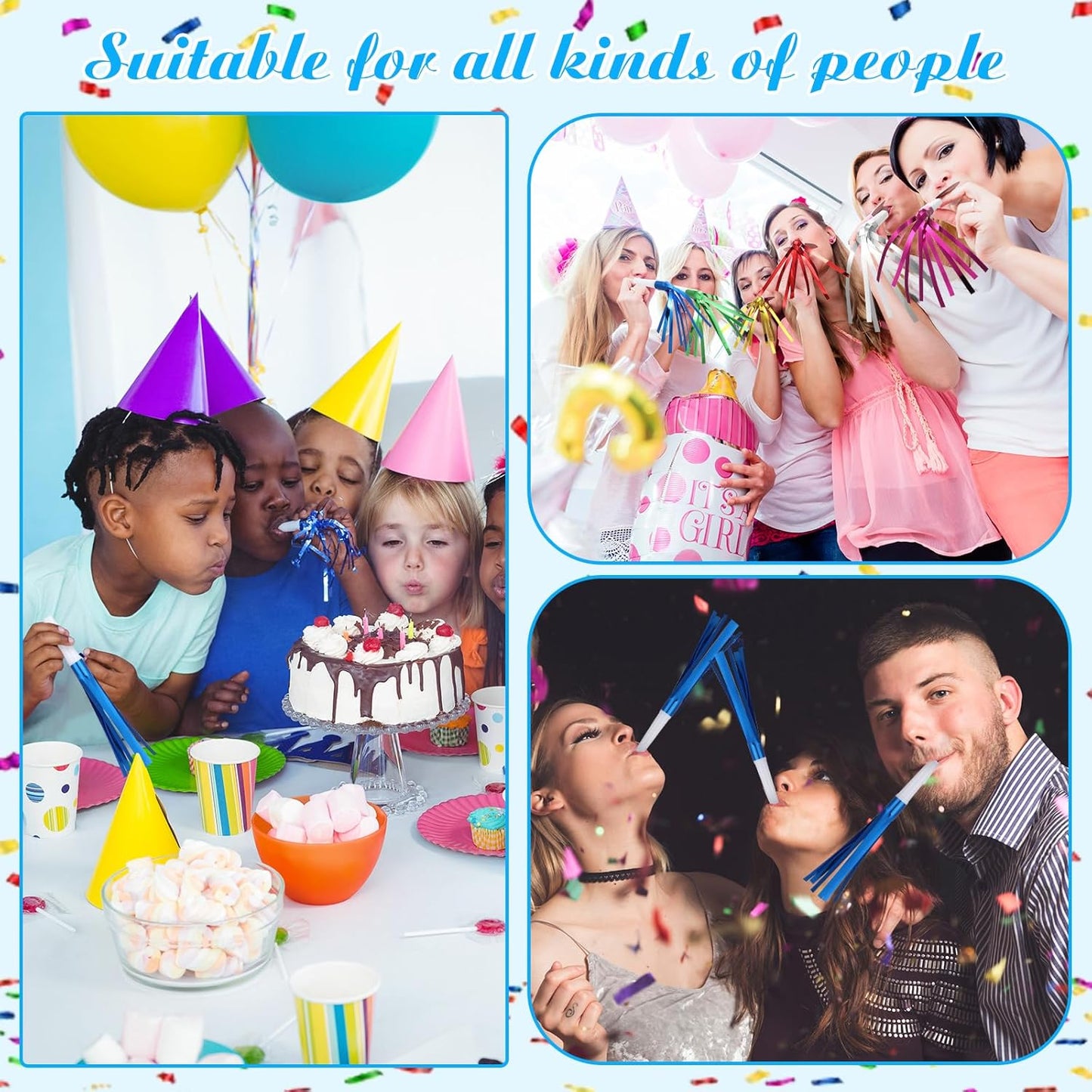 48 Pcs Noise Makers Glitter Metallic Fringed Noise Makers Horns for Baby Shower, Kids Birthday, New Year Party Favor - White Blue