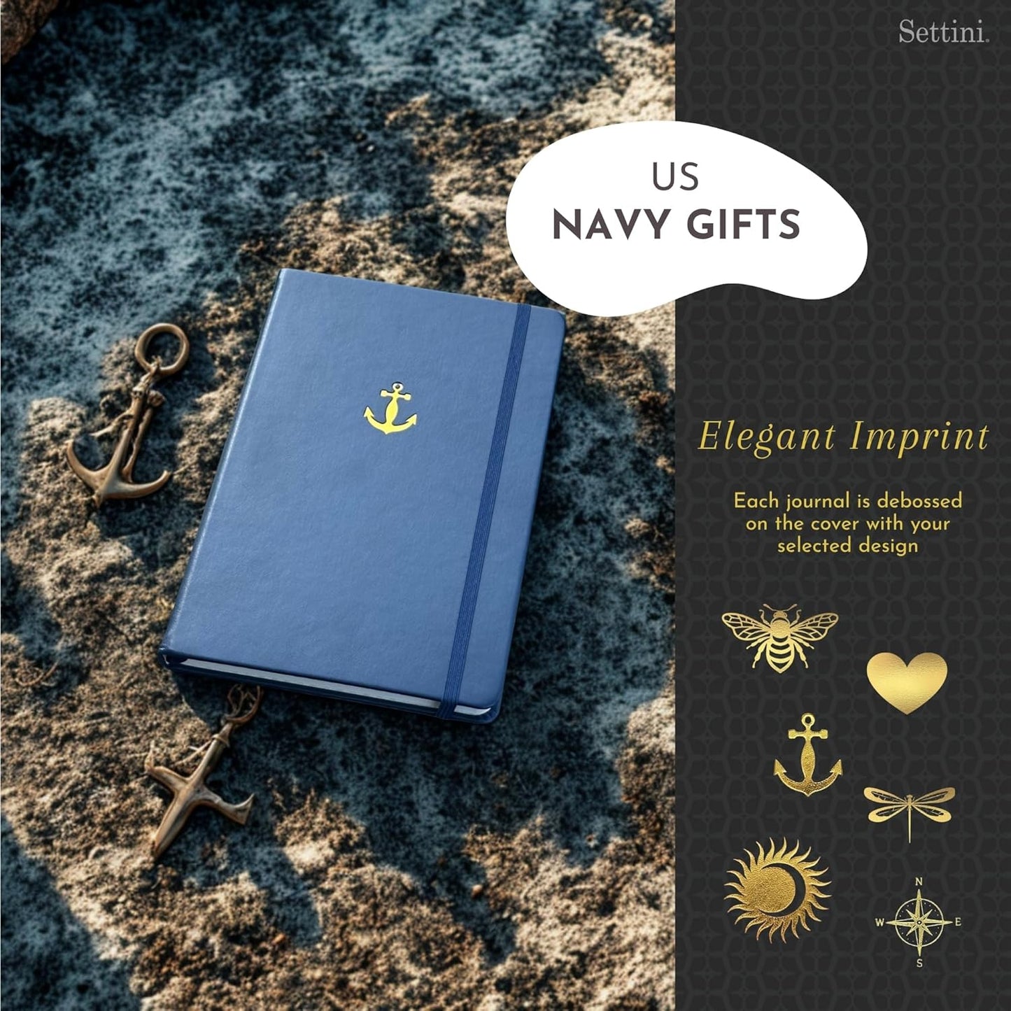 SETTINI Lined Journal, Ideal for Journaling - A5 Vegan Leather Notebook, 192 Archival-Quality Pages, QuillEase Bleed-Free Paper, Inner Pocket & Bookmark - US Navy Gifts, Navy Anchor