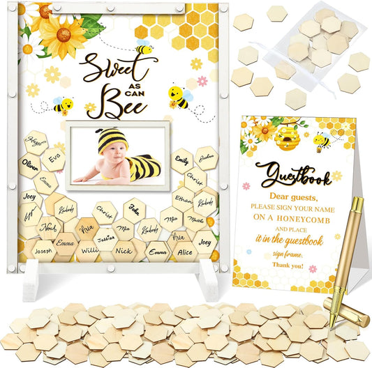 65 Pcs Baby Shower Guest Book Alternatives He or She Gender Reveal Baby Shower Decorations Sign in Guest Book with Picture Frame and 60 Wooden Chip Sweet as Can Bee Decorations