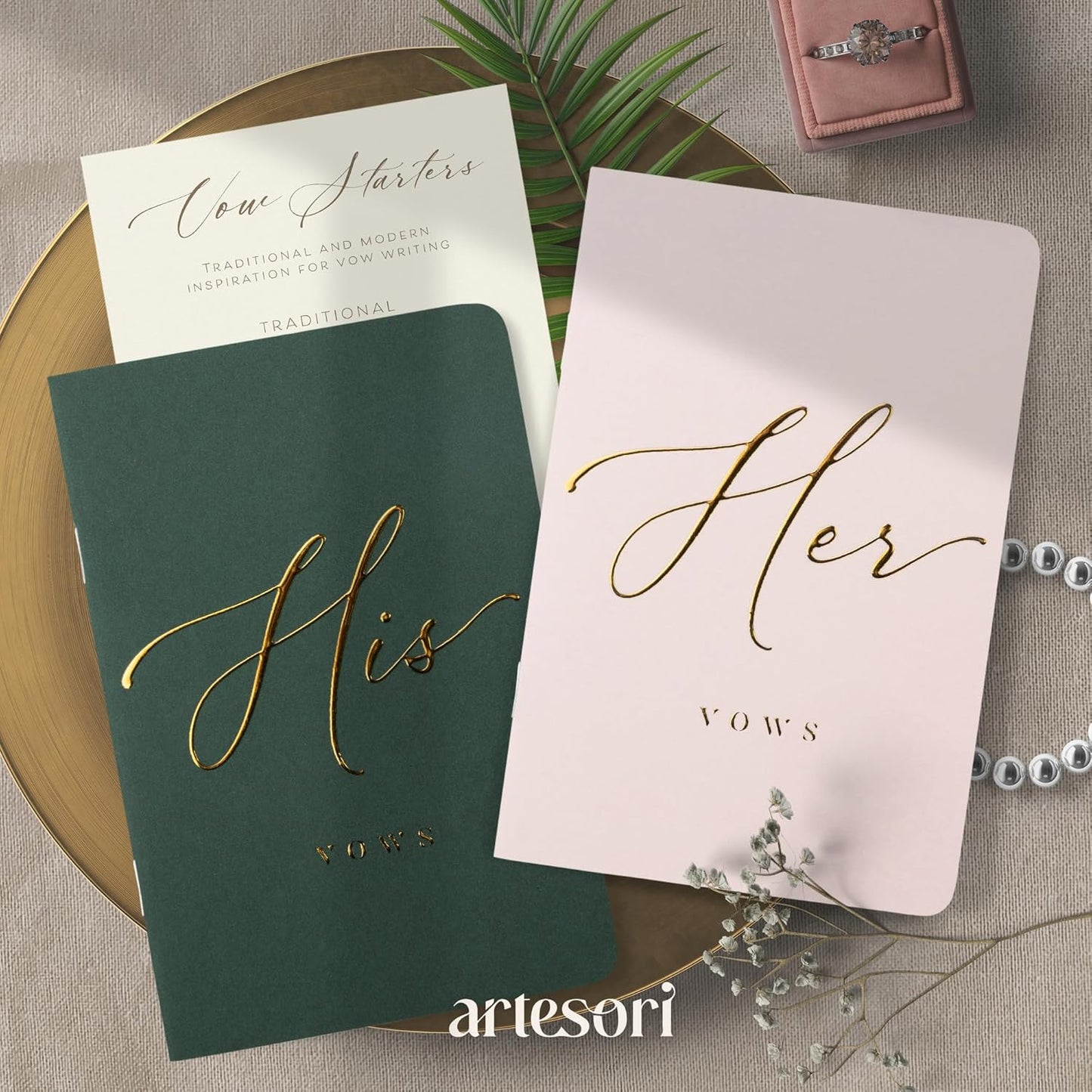 ARTESORI Wedding Vow Book for Her & Him, Soft Touch, Gold Engraving, 28 Lined Pages, Wedding Vow Books His and Hers, Wedding Essentials, Wedding Registry Gifts, His and Hers Gifts [Blush & Pine]