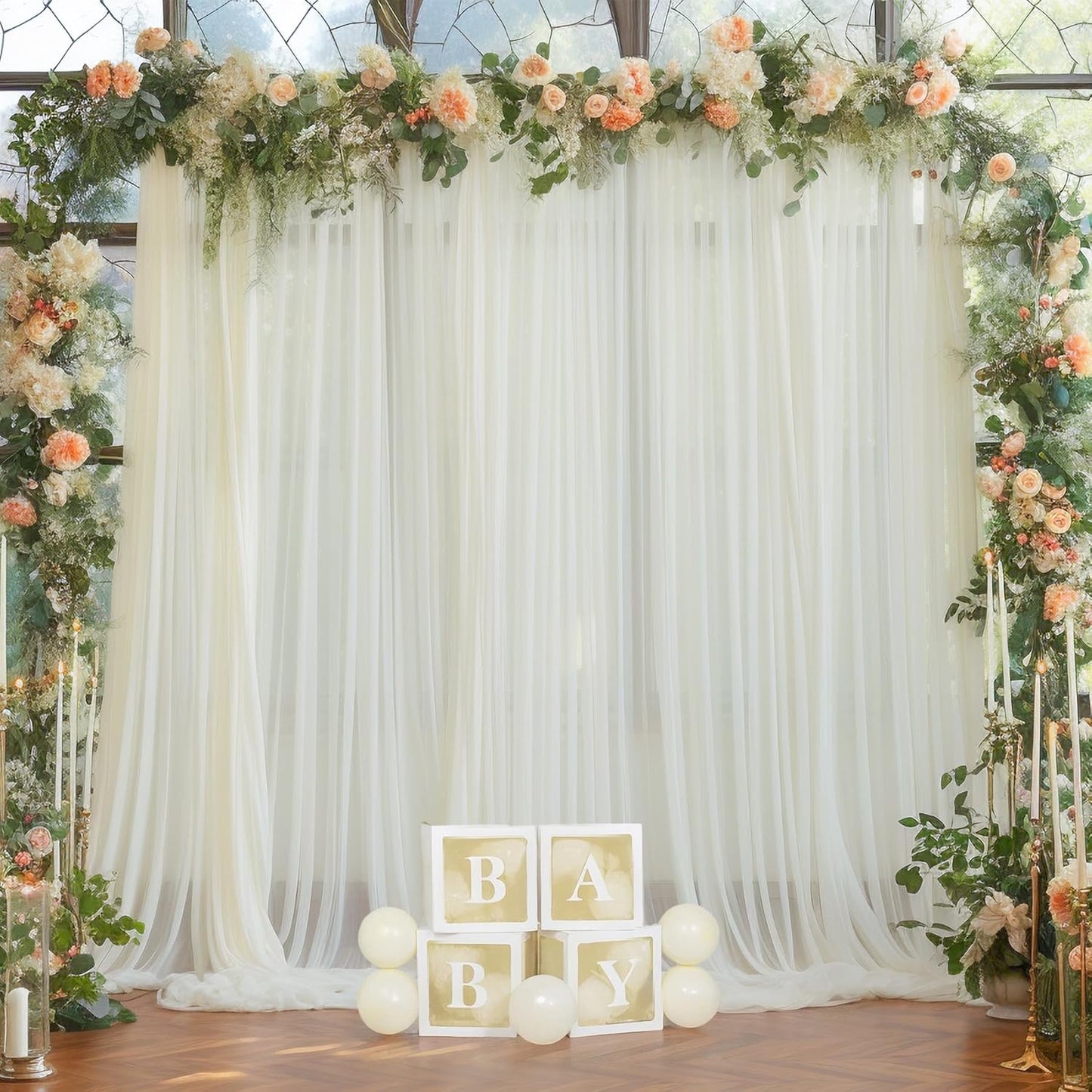 PARTISKY 20ft X 10ft Ivory Tulle Backdrop Curtain for Parites, Sheer Backdrop Curtains Fabric Drapes for Wedding Ceremony Arch Party Stage Decorations