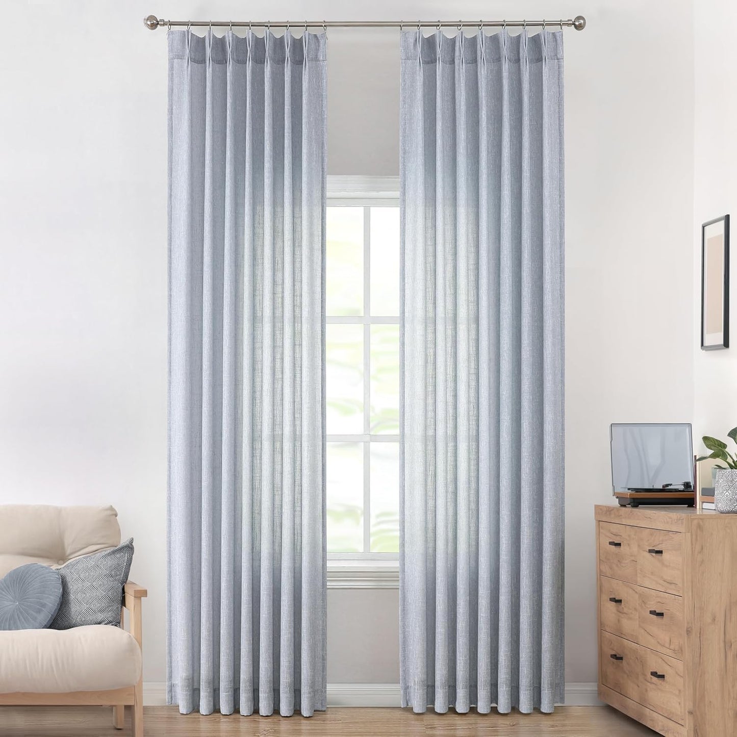 Vision Home Blue Pinch Pleated Semi Sheer Curtains Textured Light Filtering Window Curtains 120 inch for Living Room Bedroom Rayon Blend Chambray Blue Pinch Pleat Drapes with Hooks 2 Panels 40"Wx120"L