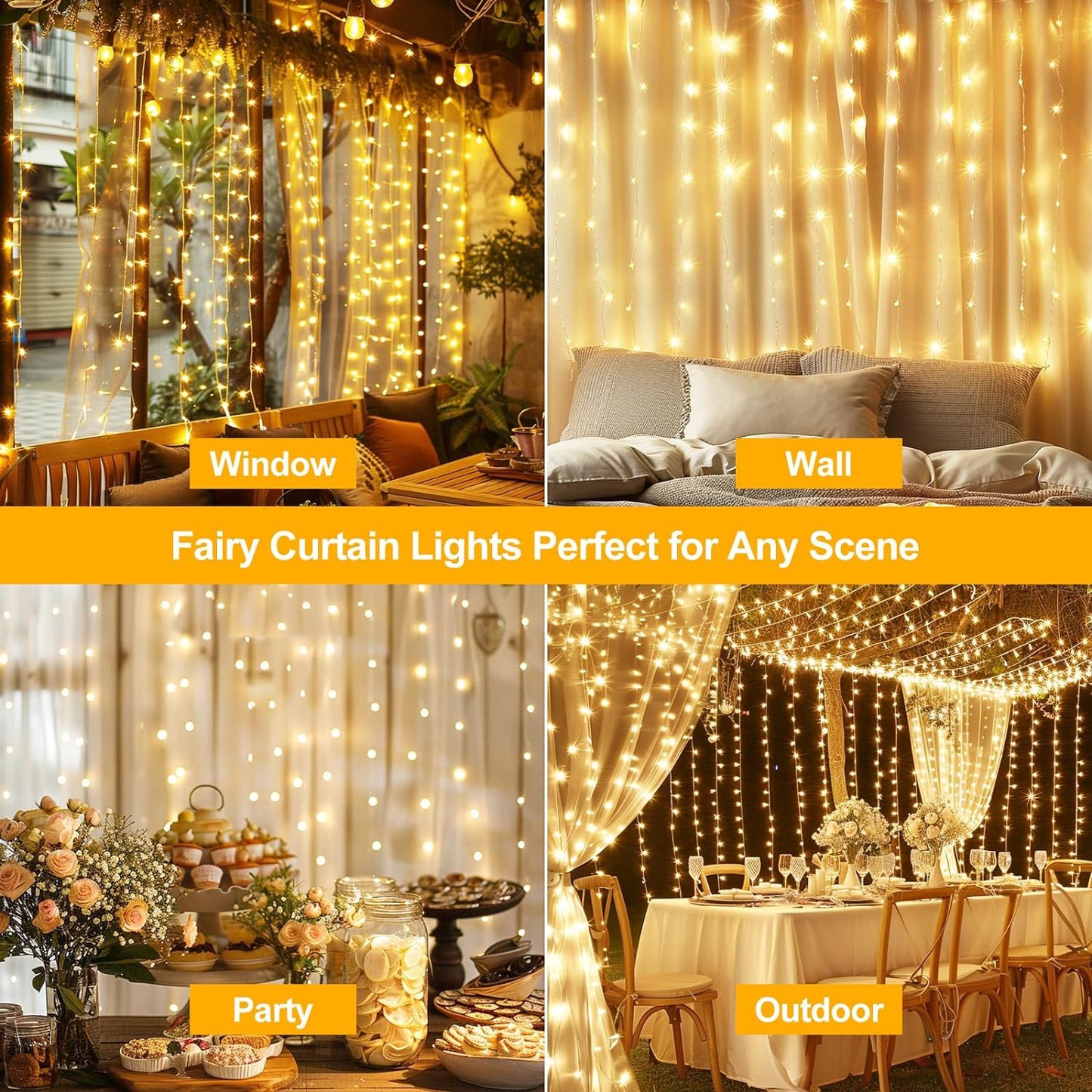 2 Pack Fairy Curtain Lights Upgraded Tangle-Free Warm White USB Plug in 8 Modes String Hanging Lights with Remote for Christmas, Bedroom, Indoor, Outdoor, Weddings, Party (10 FTx10 FT)