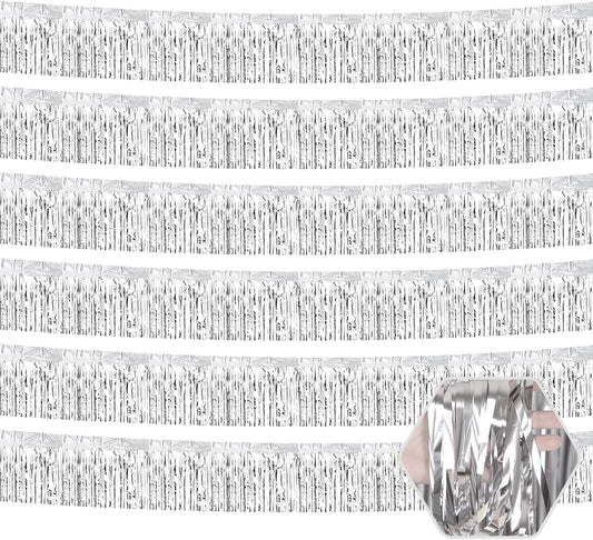 6 Pack 10 Feet Silver Foil Fringe Garland Metallic Tinsel Streamers Banner Wall Hanging Curtain Backdrop for Parade Floats, Birthday, Graduate, Mother's Day, Wedding Party Decoration