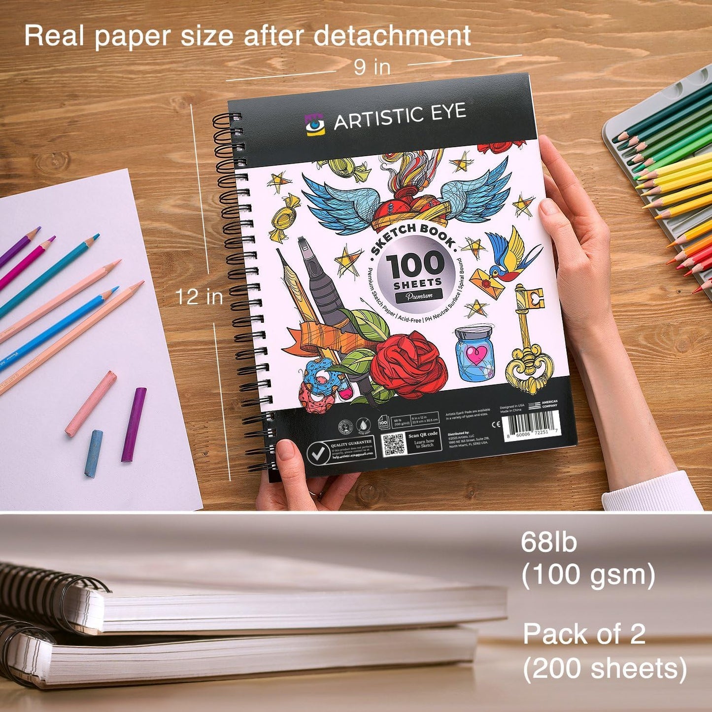 ARTISTIC EYE 9x12 Premium Sketch Book Set, 100 Sheets, Spiral Bound, 68lb (100gsm), Acid-Free Drawing Paper, Ideal for Kids, Teens & Adults (Set of 2)