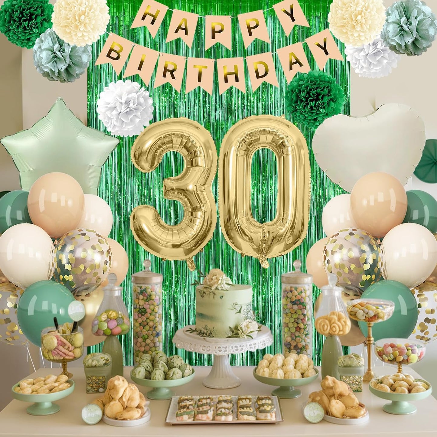Sage Green 30th Birthday Decorations for Him Gold Number 30 Balloon Nude Gold Happy Birthday Banner Fringe Curtain Paper Pom Poms Olive Green Cream White Sand Star Foil Balloons Party Decor
