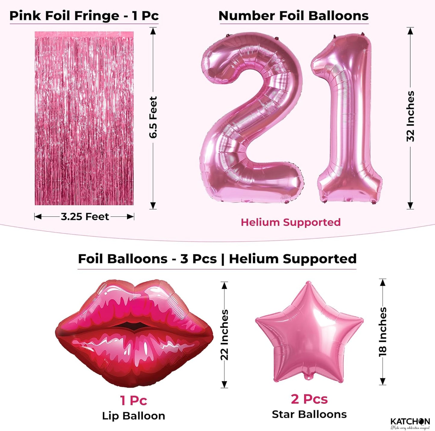 KatchOn, Pink 21st Birthday Decorations Set with Lip & Star Balloons – Pack of 42 | Happy Birthday Banner & Lip Decor | 21st Happy Birthday Decorations for Women, Girls & Her | Pink Party Decorations