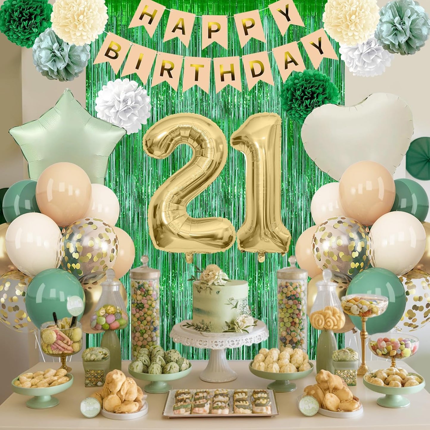 Sage Green 21st Birthday Decorations for Him Gold Number 21 Balloon Nude Gold Happy Birthday Banner Fringe Curtain Paper Pom Poms Olive Green Cream White Sand Star Foil Balloons Party Decor