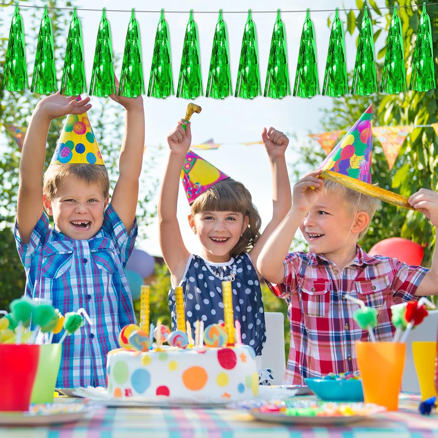 3P Green Foil Fringe Metallic Tassel Streamers Banner Tassel Garland for Parade Floats, Bachelorette, Wedding, Birthday, Halloween, Christmas, Bridal/Baby Shower Party Decorations