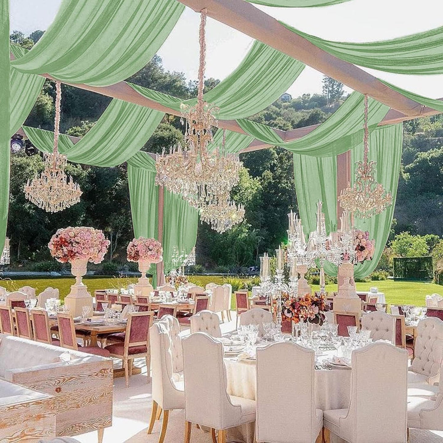 MODFUNS Sage Green Wedding Arch Draping Fabric 5x20ft 4 Panels Sheer Ceiling Curtain Chiffon Swag Curtain Romantic Tulle Arbor Draping for Party Banquet Hall Decoration