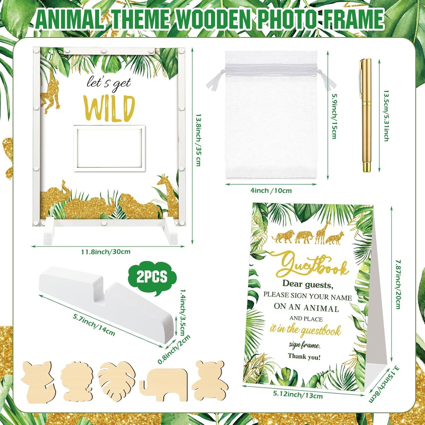 65 Pcs Jungle Animal Baby Shower Guest Book Alternatives He or She Gender Reveal Baby Shower Decorations Sign in Guest Book with Picture Frame and 60 Wooden Chip Let's Get Wild Decorations