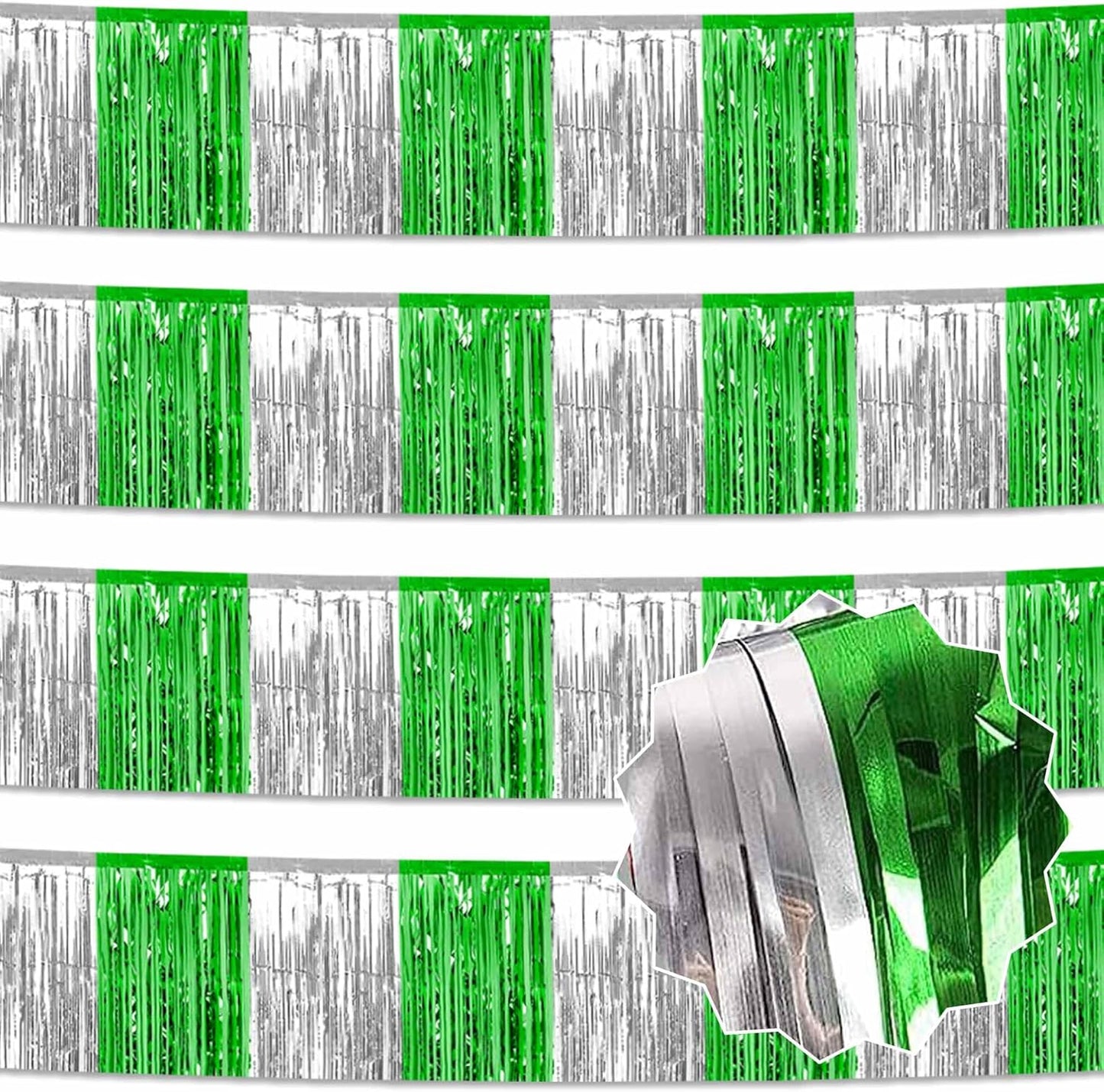 4 Pack 10 Ft Silver Green Foil Fringe Garland Metallic Streamers Tinsel Banner Wall Hanging Garland Backdrop for Parade Floats, Halloween, Christmas, Thanksgiving, New Year Party Decorations