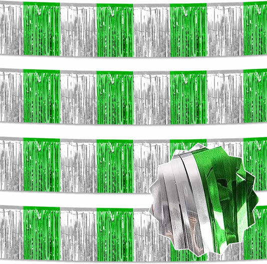 4 Pack 10 Ft Silver Green Foil Fringe Garland Metallic Streamers Tinsel Banner Wall Hanging Garland Backdrop for Parade Floats, Halloween, Christmas, Thanksgiving, New Year Party Decorations