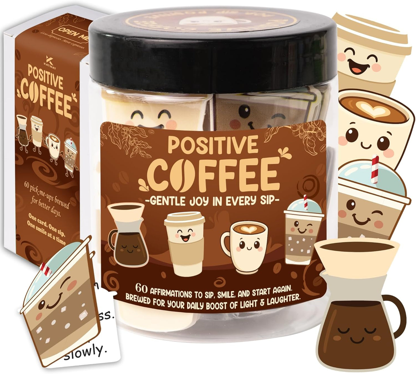 Positive Coffee Affirmation Jar – 60pcs Cute Emotional Support Coffee – Coffee Gifts for Men, Women– Birthday Gift, White Elephant Gifts for Coworker, Boss, Teacher, Teens, Back to School Gift