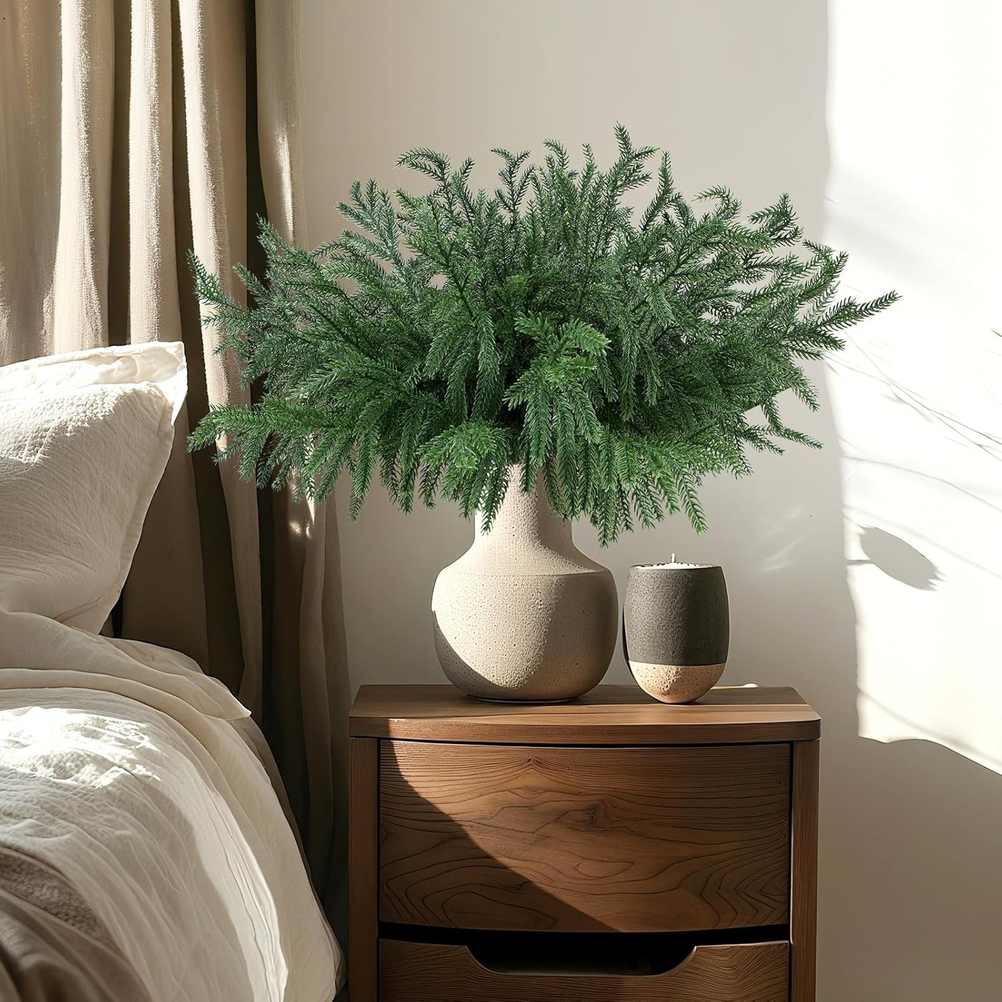 12 Pcs Christmas Norfolk Pine Branches, Artificial Pine Christmas Stems Real Touch Faux Greenery Pine Picks for Vase DIY Garland Wreath Home Indoor Outdoor Decoration