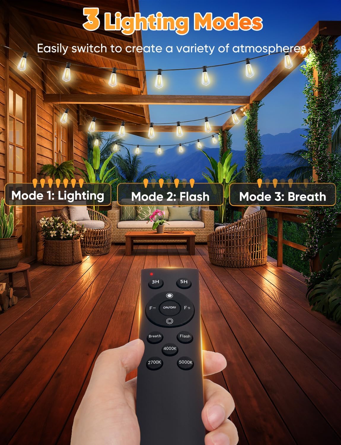 Brightever 200FT Outdoor String Lights with Remote, 2700K/4000K/5000K Selectable LED Patio Lights with 60+2 ST38 Vintage Edison Bulbs, 3 Lighting Modes, 3H/5H Timer, Dimmable String Light for Outside