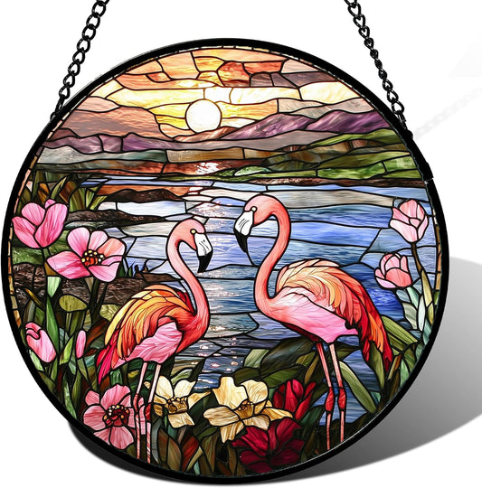 Stained Glass Window Hanging - Flamingo Wildflowers Landscape Suncatcher for Door Terrace Garden Home Decor Sunset Lake Sun Catcher Birthday Gifts for Lovers Women Men Dad Mom Nana 9.8 in