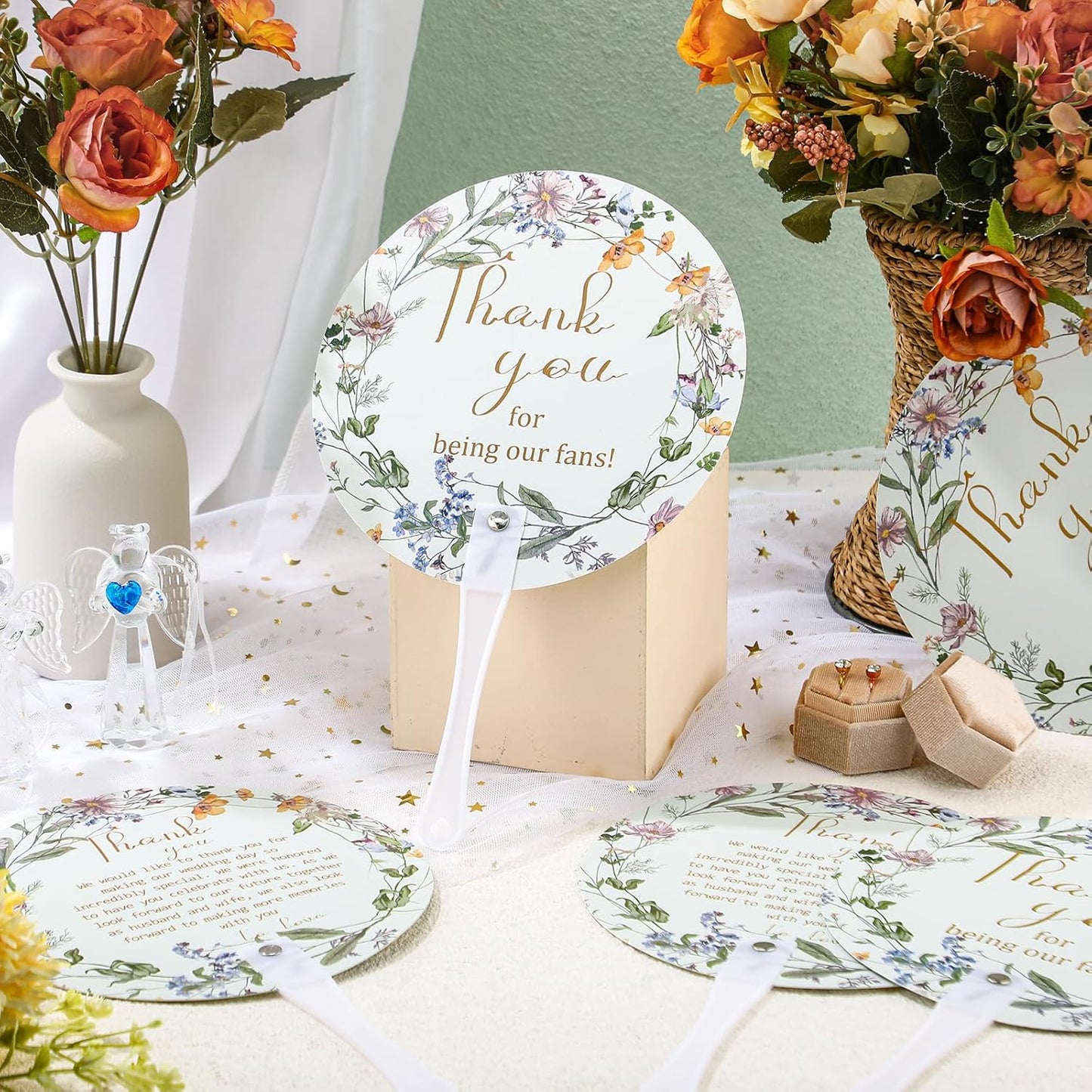 Roowest 100 Pcs Wedding Fans for Guests Bulk Plastic Floral Handheld Wedding Fans with Handle Thank You for Being Our Fan for Ceremony Bridal Baby Shower Party Favors Decoration(Fresh Style)