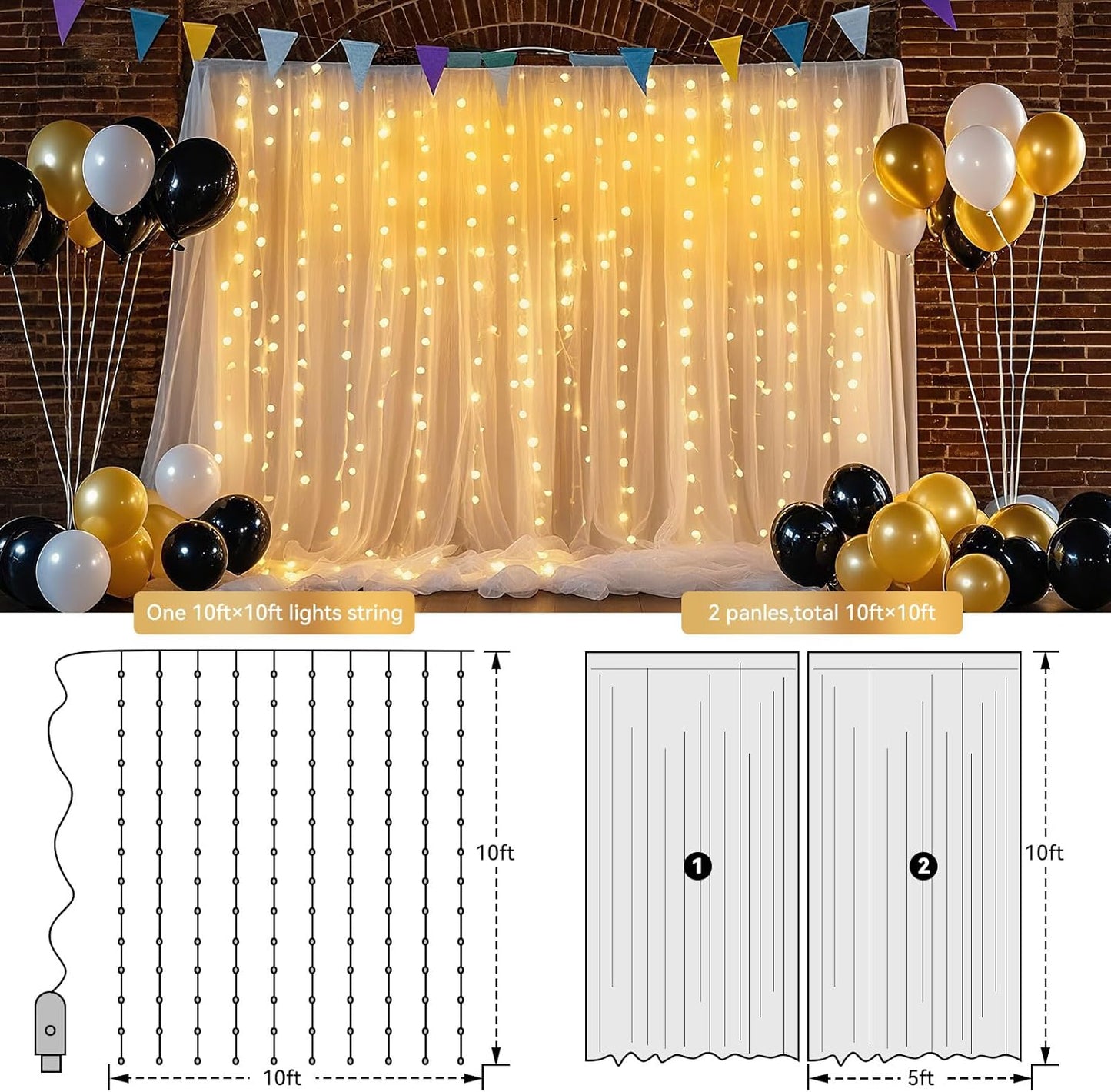 Ledido 10×8ft Tulle Backdrop Curtains with Lights String - 300LED Fairy Lights Sheer Curtain Backdrop for Weddings Baby Shower and Birthday Party Decorations(2 Panels 5×8ft)