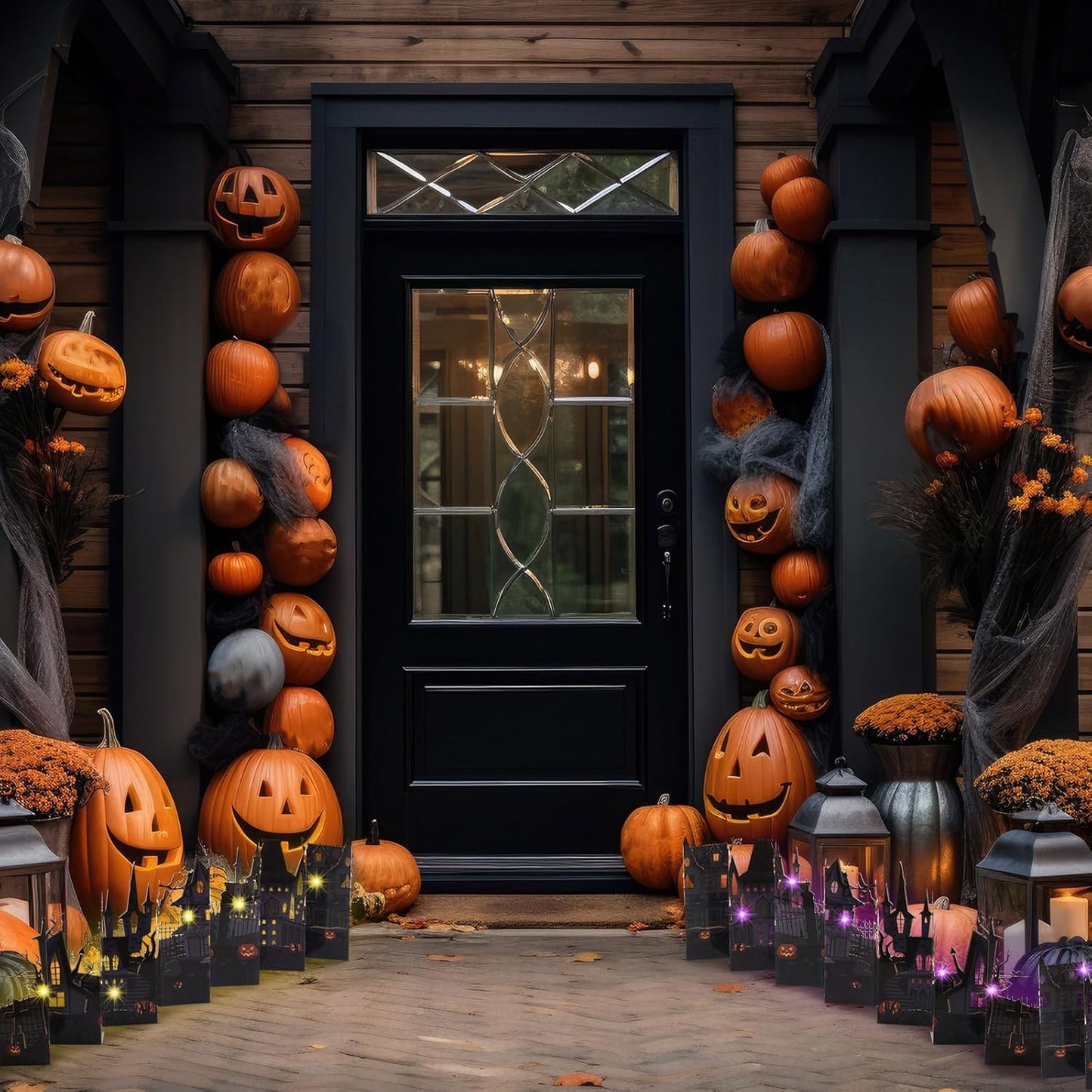 Geyoga Halloween Pop-up Card with 2 LED Lights 40" Halloween 3D Greeting Card Long Enchanted Eerie Village for Table Centerpiece Party Decoration