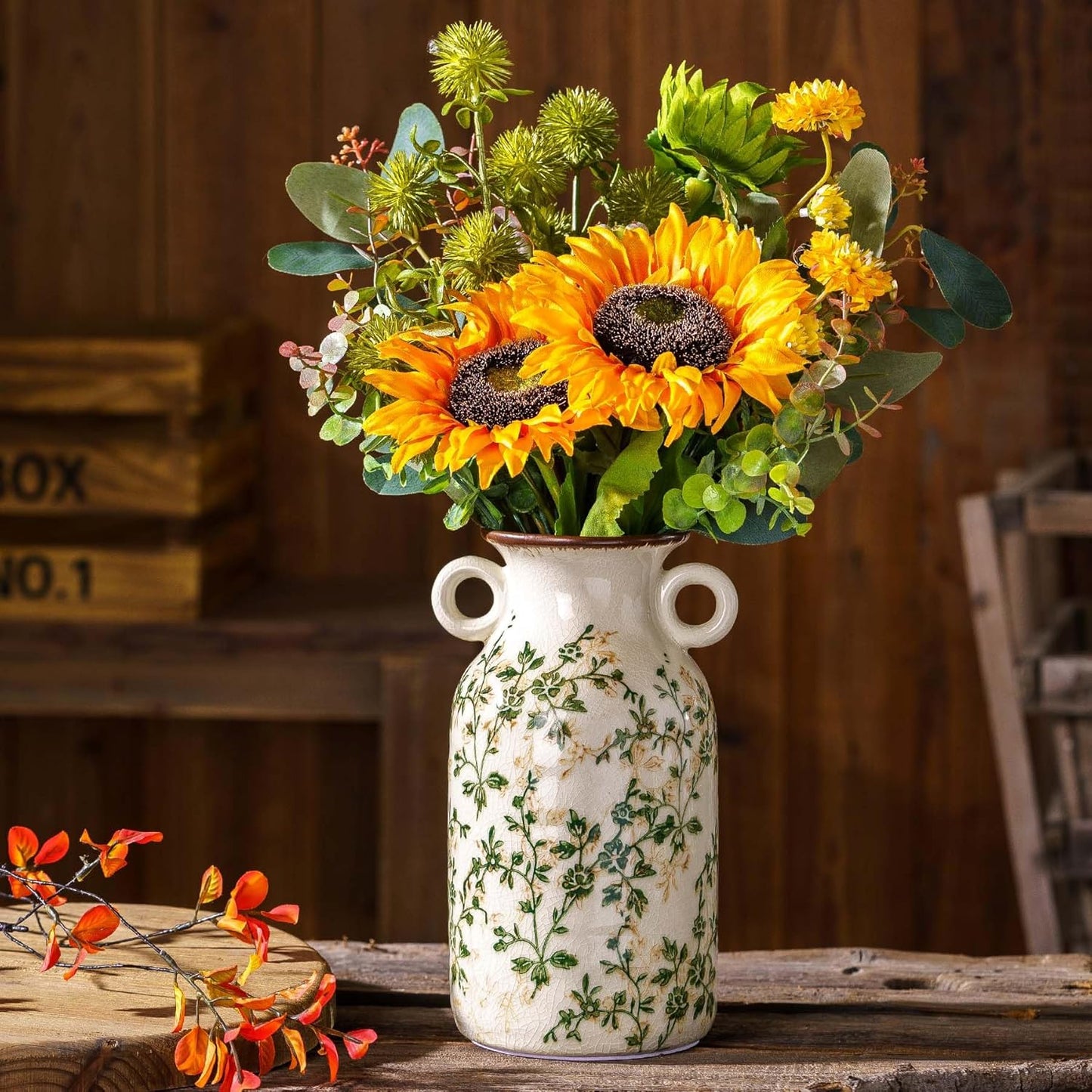 Vintage Pastoral Vase with Handles, Green and Beige Retro Ceramic Flower Vase, Rustic Farmhouse Vases Chinoiserie Floral Large Vase for Home Decor, Living Room, Kitchen, Bedroom and Shelf 9.1 Inch