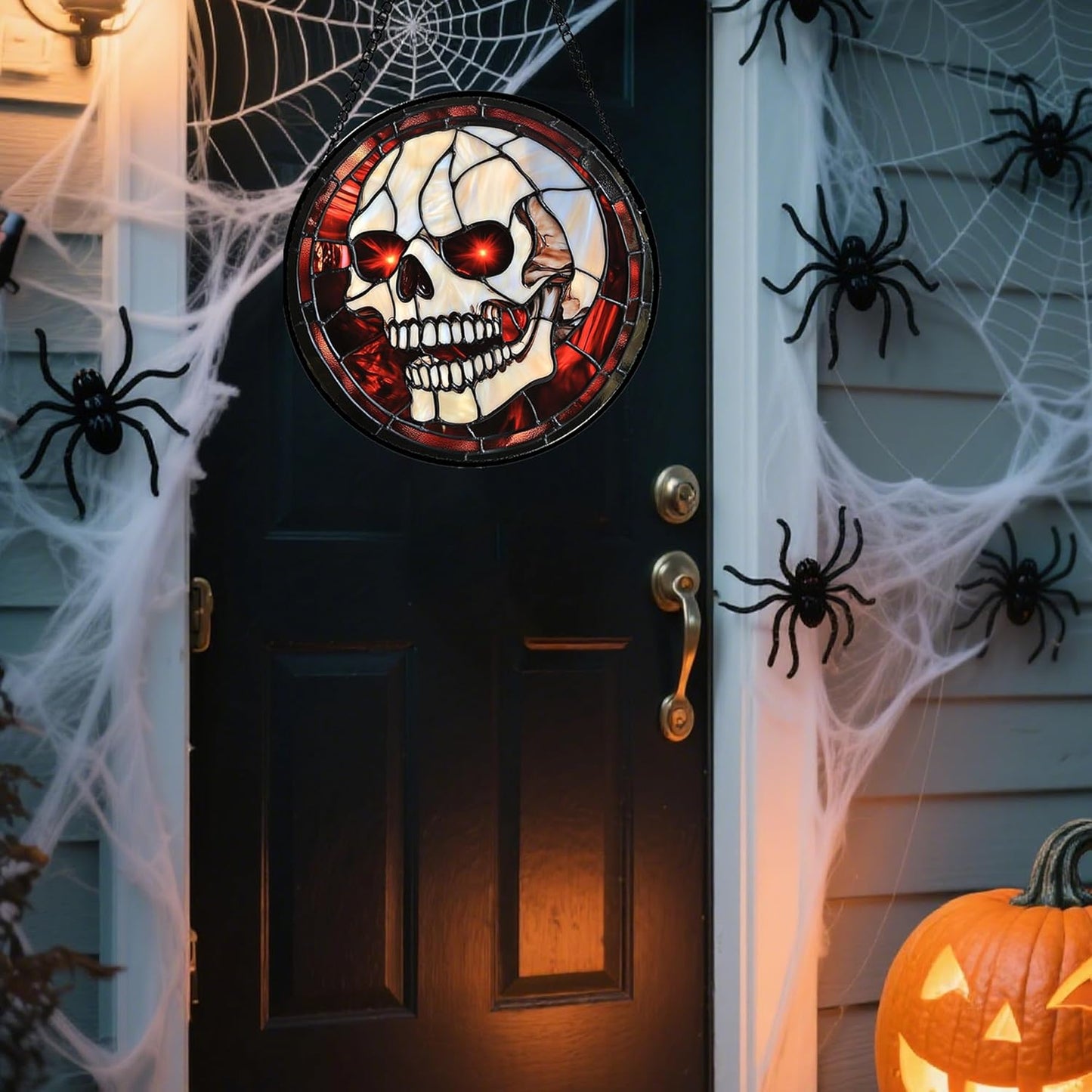 Stained Glass Window Hanging - Halloween Decorations White Skeleton Suncatcher for Doors Garden Indoor Spooky Funny Red Sun Catchers Gothic Decor Horror Gifts for Women Men Friend 6.3 in
