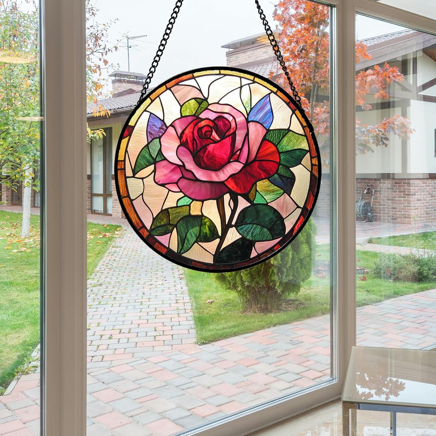 Stained Glass Window Hanging - Pink Rose Suncatcher for Door Garden Home Decor Birth Flower Sun Catcher Christmas Birthday for Friend Lovers Women Mom Nana 7.8 in