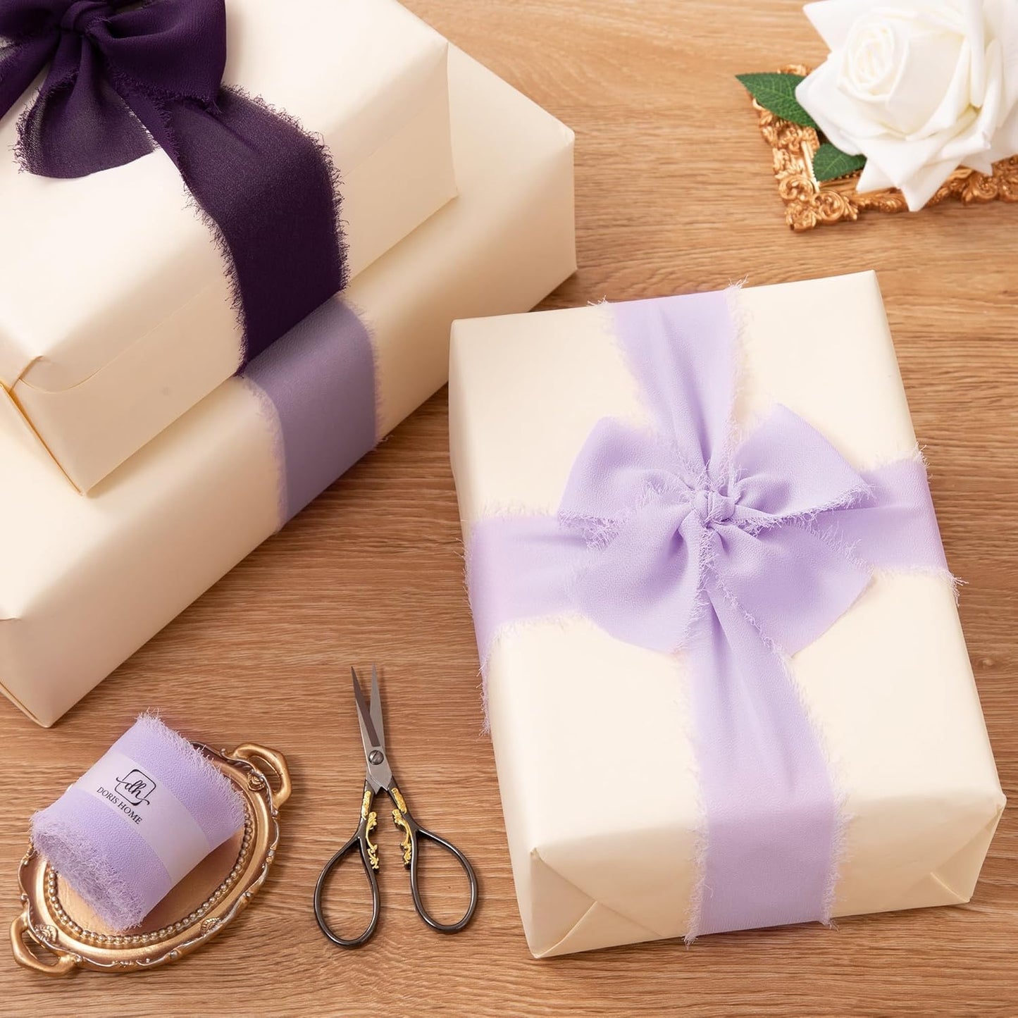 DORIS HOME Light Purple Chiffon Ribbon for Flower Bouquet, 2" x21Yd Fabric Ribbon for Gift Wrapping, Handmade Frayed Ribbon for Wedding, Chiffon Silk Ribbon for Christmas Decorations