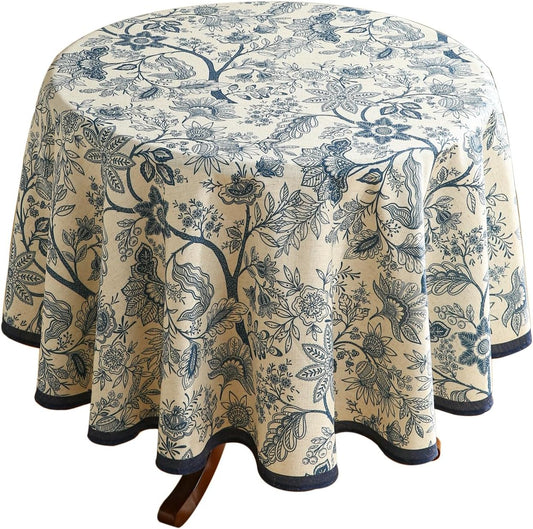 ISAENNE Designer French Linen Round Tablecloth,Blue Floral Washable Indoor Table Cloth,Durable Home Decor Tablecloths for Dining Thanksgiving Kitchen Party Christmas,Diameter 67"-Ruyi B