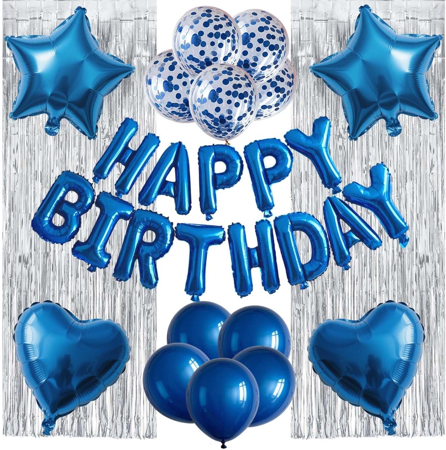 29 Pcs Blue Birthday Party Decorations - Happy Birthday Balloons Banner Blue, Heart & Star Foil Balloons, Confetti & Latex Balloons, Foil Fringe Curtains Party Supplies for Men, Boys