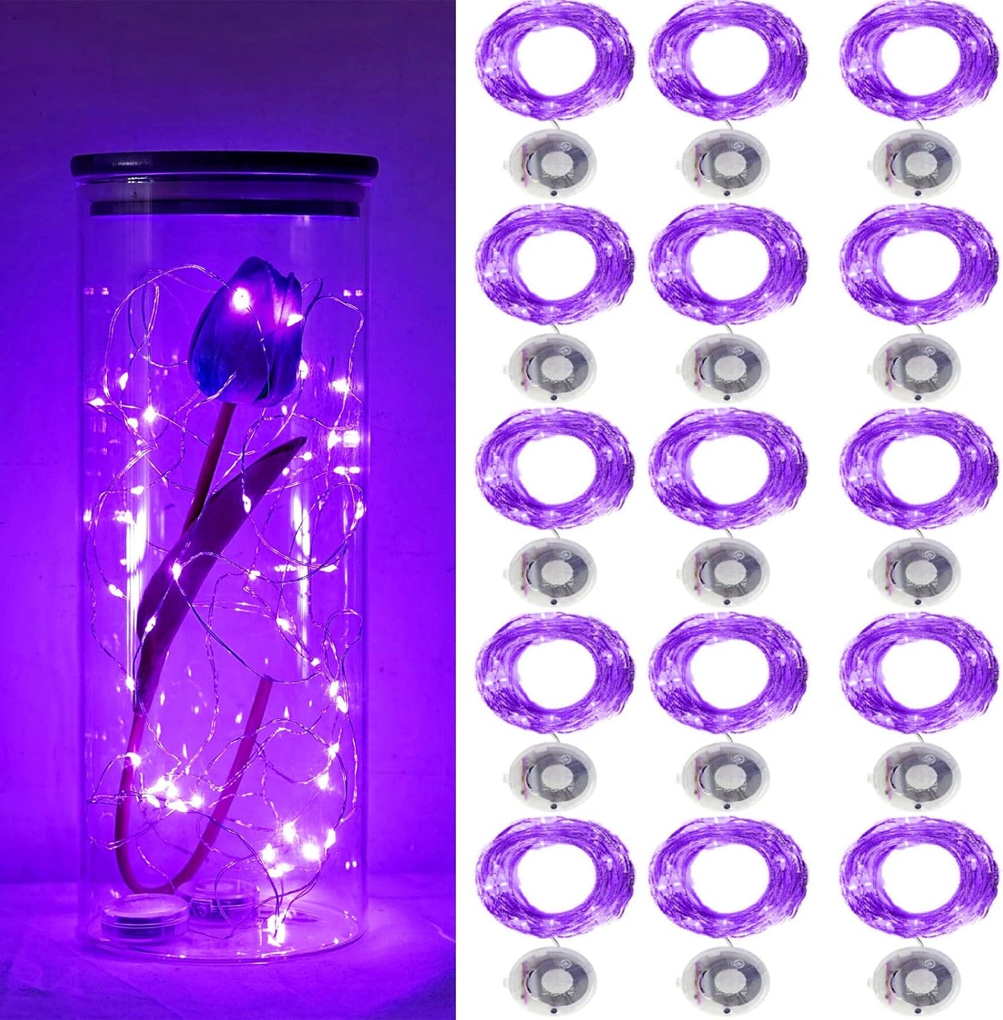 Twinkle Fairy Lights Battery Operated 3 Modes with Timer Firefly Lights 20 LED on 7.2 feet Silvery Copper Wire for DIY Wedding Party Christmas Halloween Centerpiece Decorations 15 Pack (Purple)