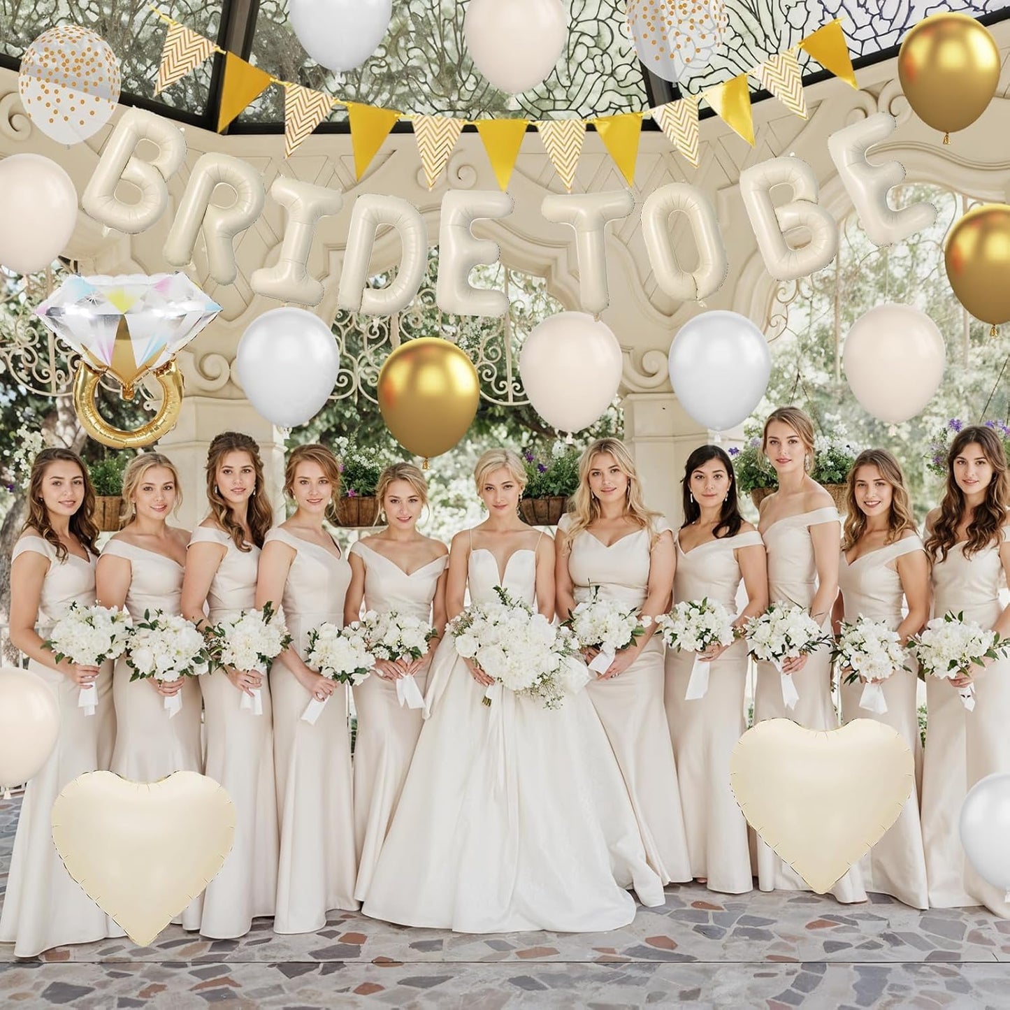 Sand White Bachelorette Party Decorations, Nude White Bride To Be Bridal Shower Balloons Decorations, White and Gold Balloons with Diamond Ring Cream Heart Balloons for Bachelorette Engagement Wedding