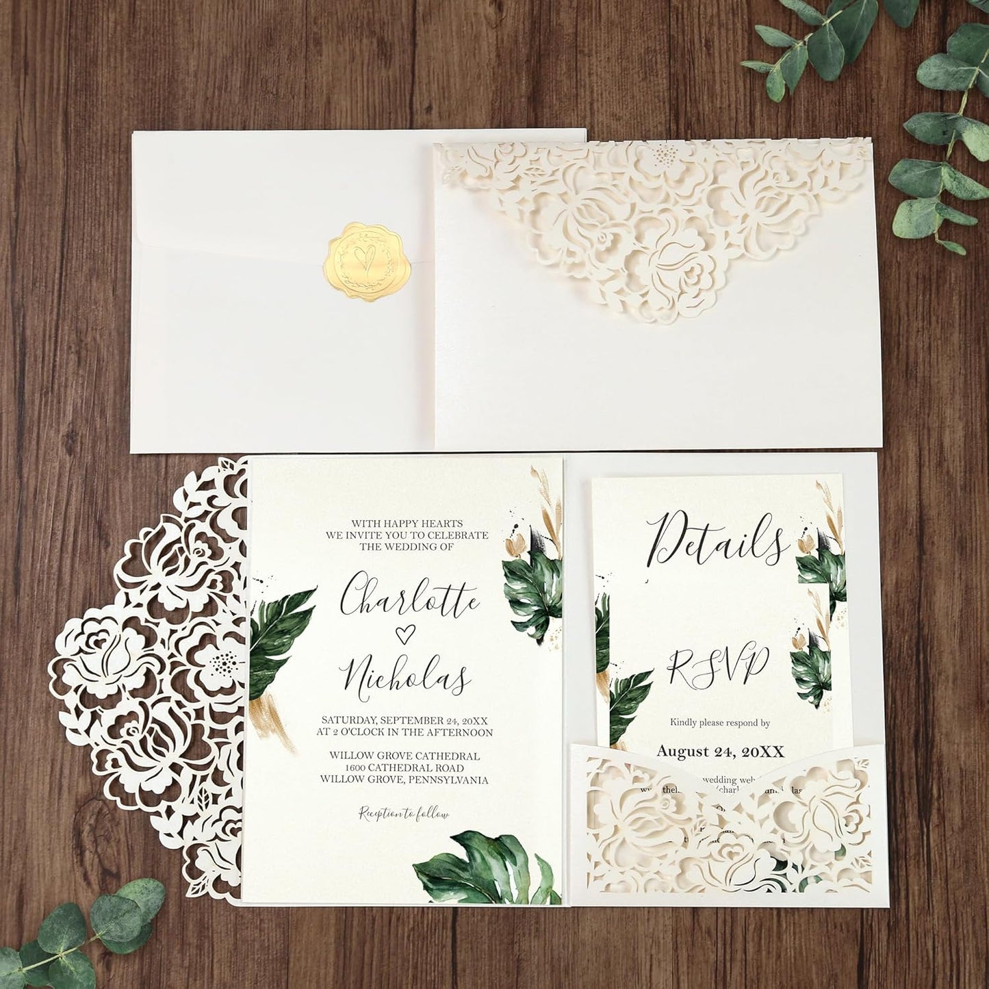 DORIS HOME 50pcs Laser Cut Wedding Invitation Pockets with Envelopes Ivory White, 5.12" x 7.12"Invitation Cards for Wedding, Anniversary (No Inserts Included)