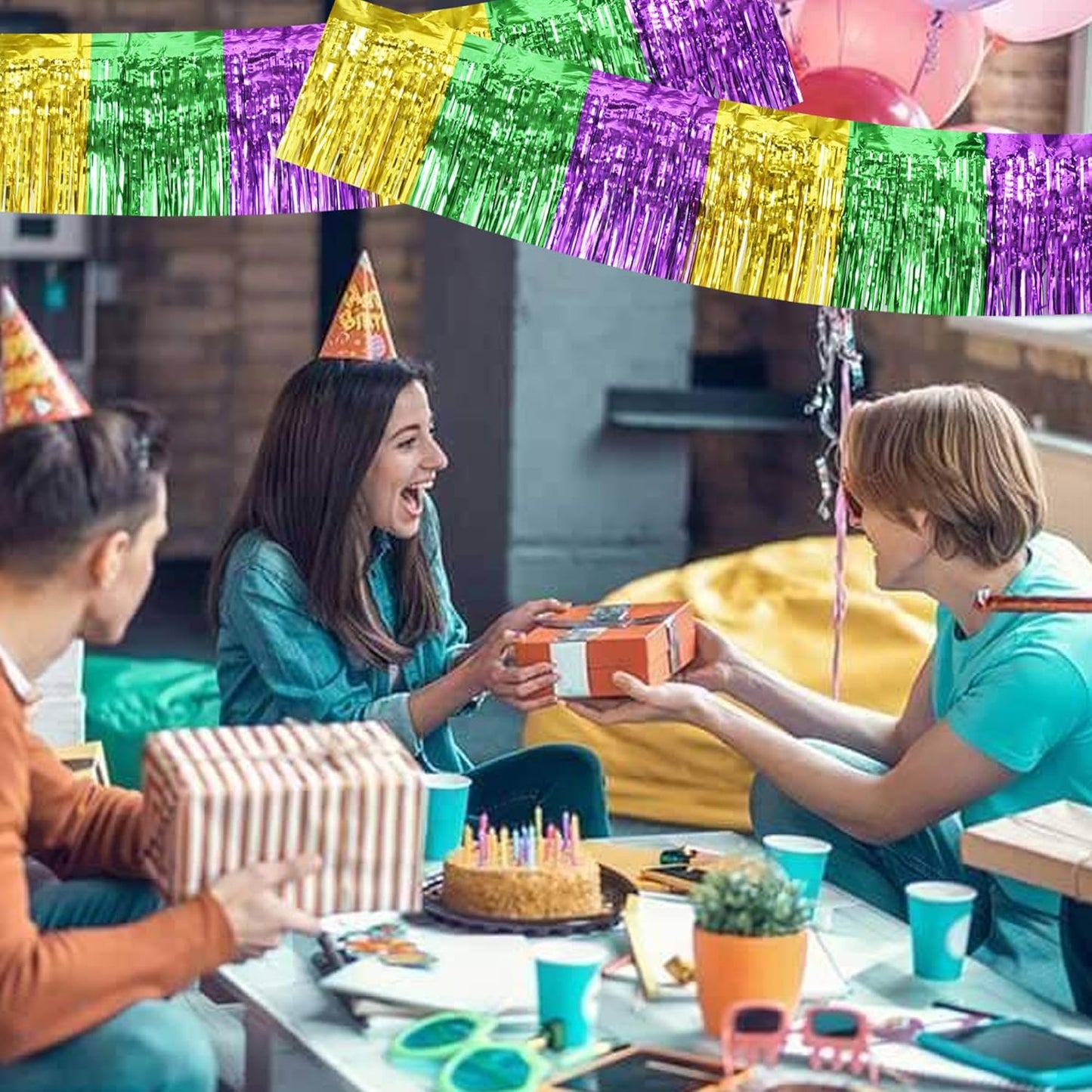 BEISHIDA 3 Packs Metallic Foil Fringe Garland Green Gold Purple Wall Hanging Tinsel Fringe Banners for Car Floats Bridal Shower Wedding Birthday Easter Graduation Holiday Party Deco(30 Feet)