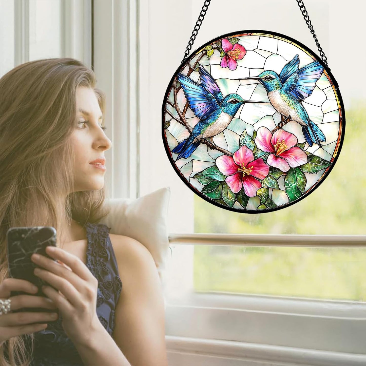 Stained Glass Window Hanging - Blue White Hummingbirds Pink Flowers Suncatcher for Door Terrace Garden Home Decor Bird Sun Catcher Birthday Gifts for Lovers Women Men Dad Mom Nana 6.3 in