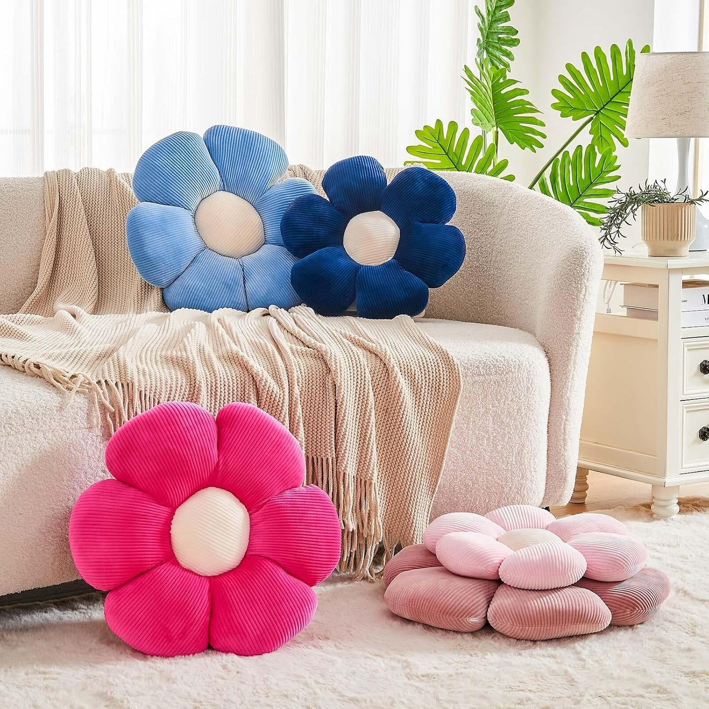 Dusty Blue Flower Pillow, 19.6" Cute Flower Shaped Floor Pillow, Aesthetic Floral Plush Daisy Decorative Throw Pillows for Bed Sofa Couch