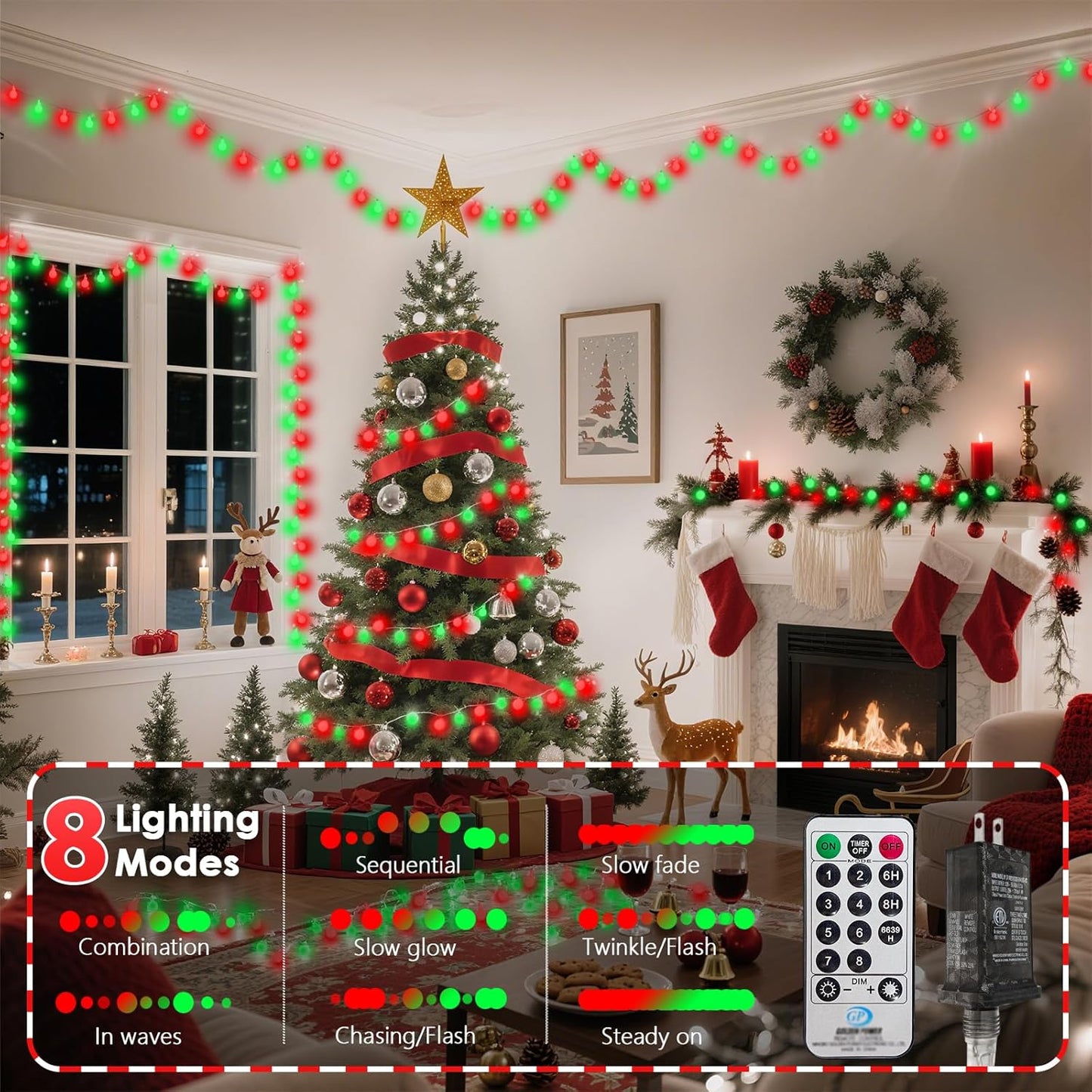 43FT 100LED Connectable Christmas String Lights Indoor Outdoor - Red and Green Fairy Lights Plug in with Remote & 8 Modes, Globe Twinkle Light for Christmas Decorations Bedroom Room Tree Party
