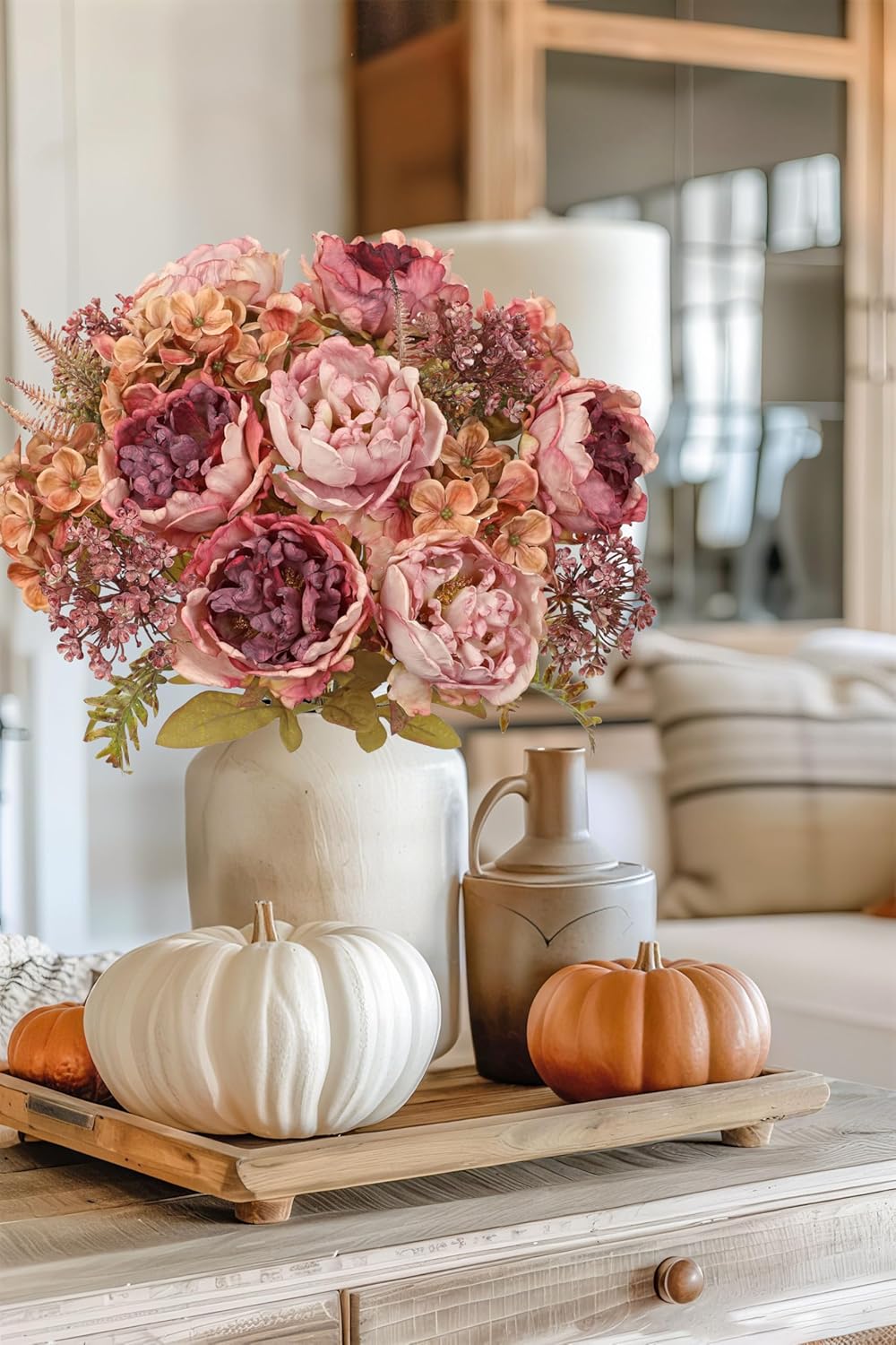 Hollyone 2Pcs Artificial Fall Flowers Bouquet 18.8" Pink Dried Peony Hydrangea Fake Fall Floral Silk Flowers Autumn Faux Flower Arrangement for Home Wedding Table Centerpieces Thanksgiving Party Decor