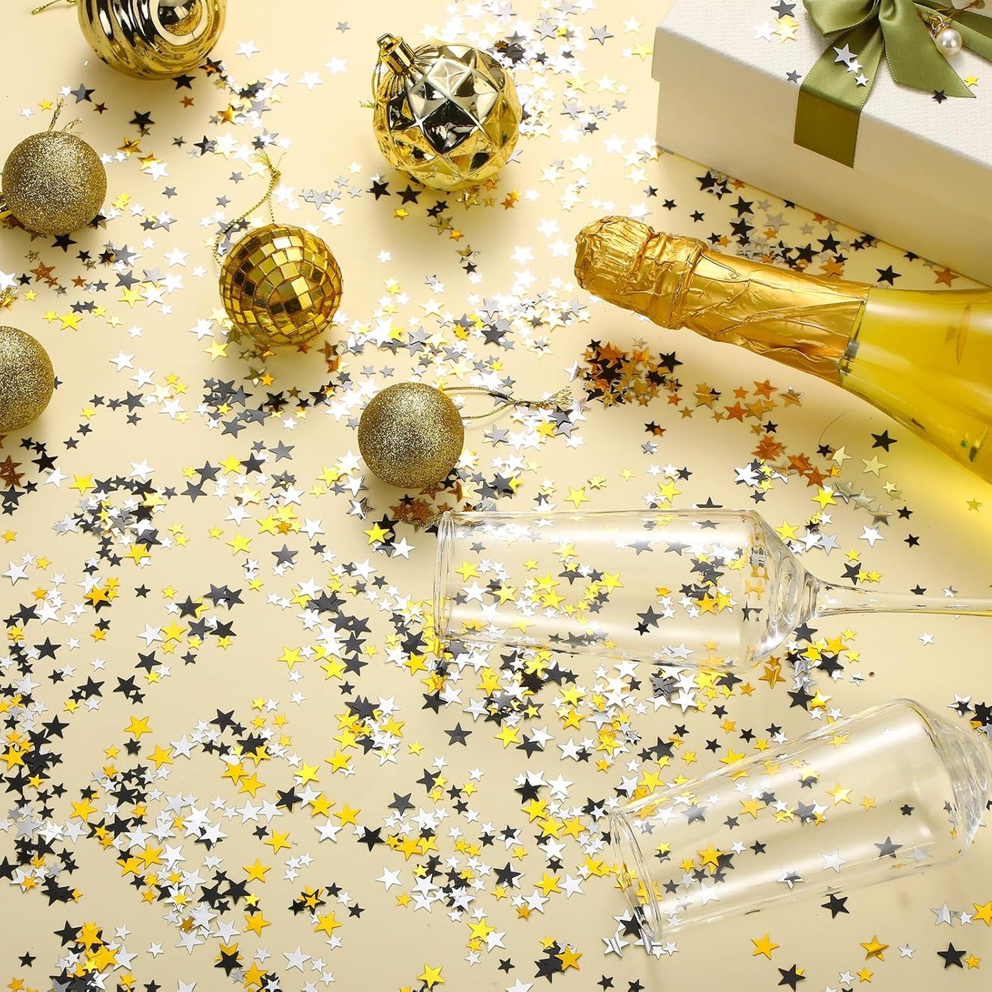 Hestya 60g Star Confetti Glitter Table Confetti Metallic Foil Stars for Party Wedding Festival Decorations(Silver Gold Black,10mm and 6mm)