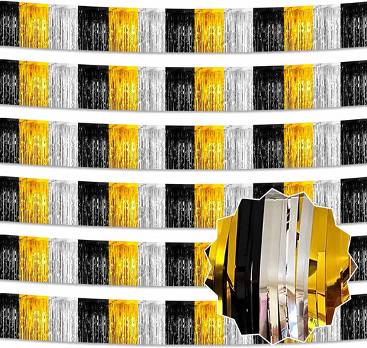 6 Pack 10 Ft Black Gold Silver Foil Fringe Garland Metallic Streamers Tinsel Banner Wall Hanging Garland Backdrop for Parade Floats, Halloween, Christmas, Thanksgiving, New Year Party Decorations