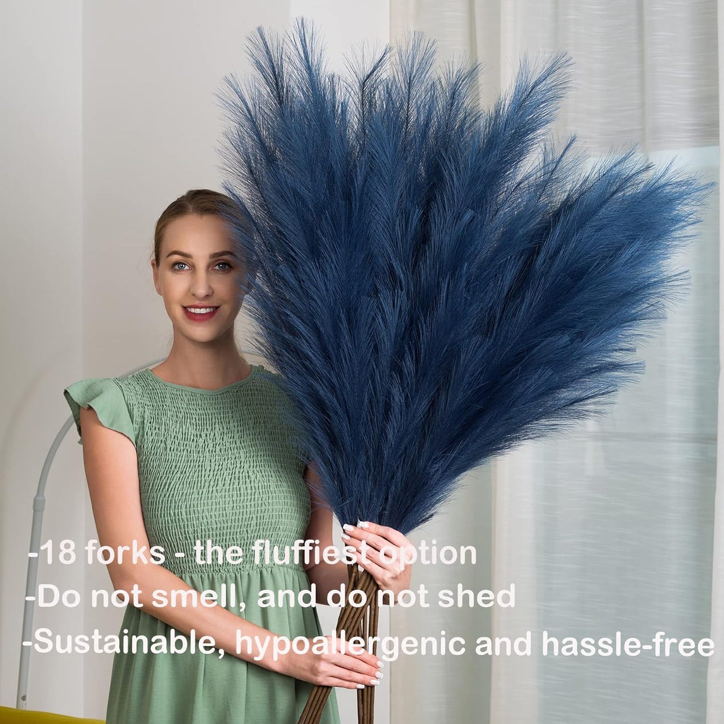 Faux Pampas Grass 6 Stems, Artificial Pampas Grass - 43 inch Total Extra Large Pompass Grass Tall Pompous Boho Flower Arrangement and Floor Vase Filler Home Decor for Room Wedding Party (Blue)