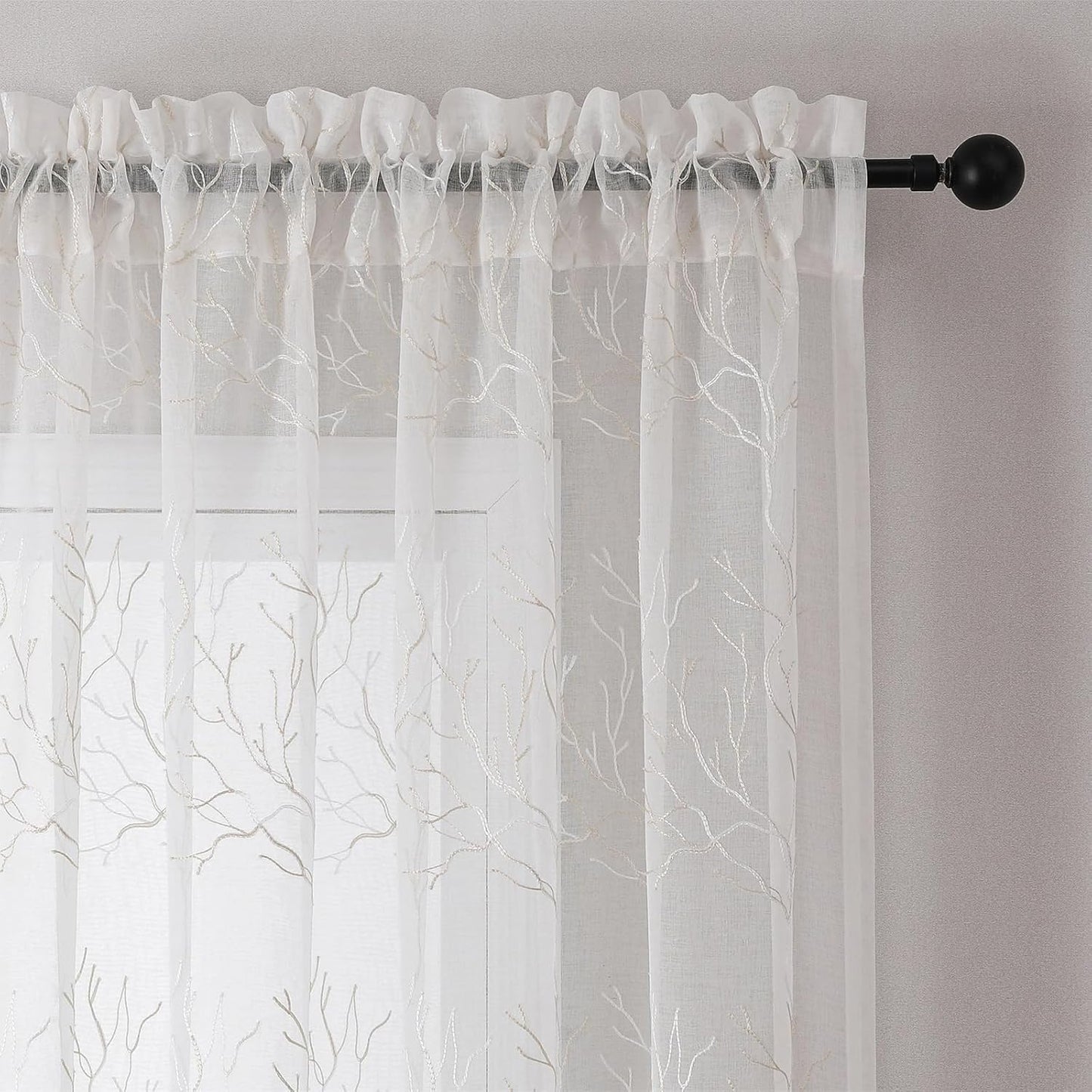 VISIONTEX Sheer Curtains 84 inch Length 2 Panels Set, Decorative Beige Coral Embroidery, Rod Pocket Embroidered Window Drapes for Living Room and Bedroom, 54" x 84"